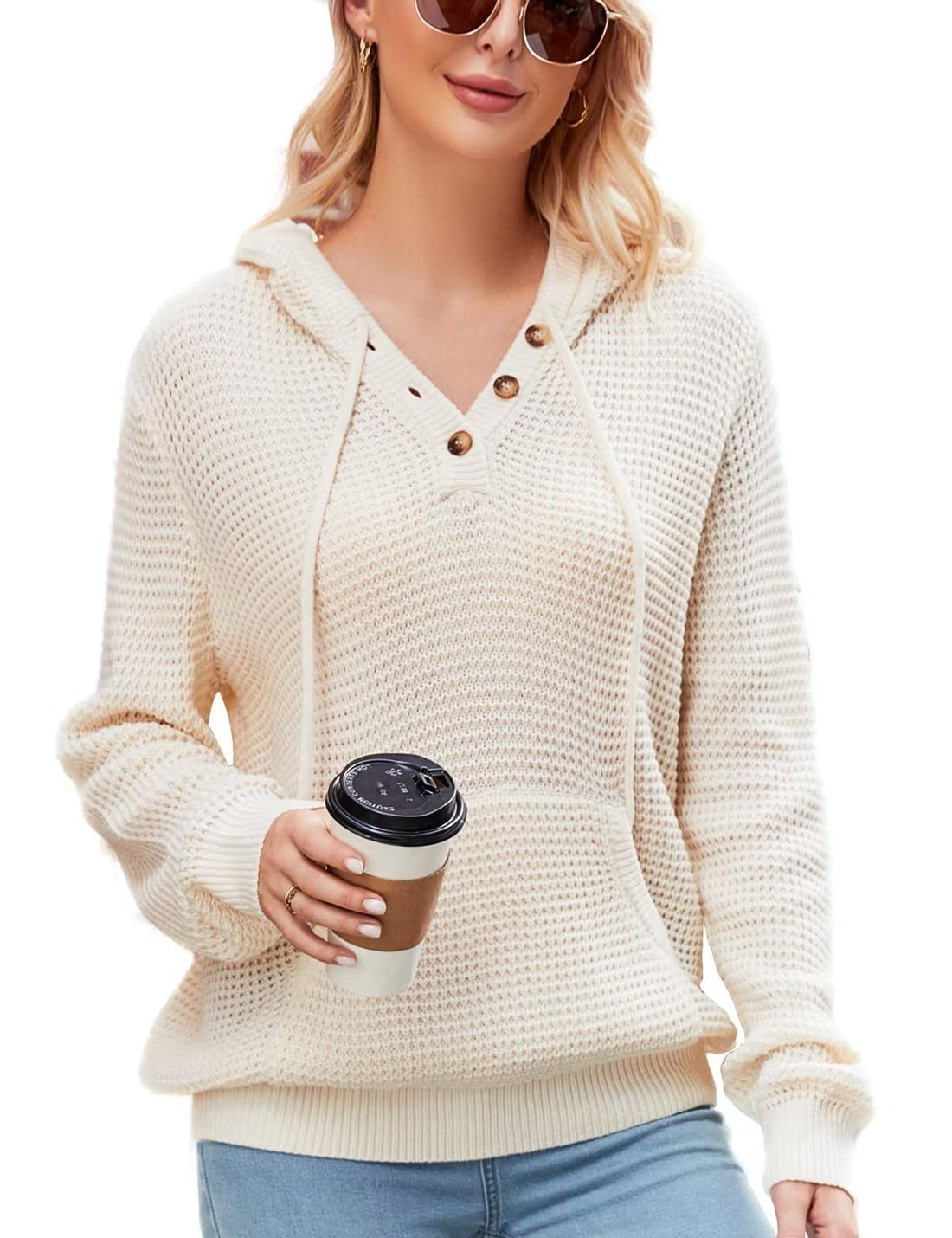 CiCiBird Women's Fall Hoodies Sweater V Neck Waffle Knit Top with Pocket | Loose Fit, V Neck Button, Adjustable Drawstring, Long Sleeve, Kangaroo Pocket, Weekend Errands, Daily Wear, Work Casual