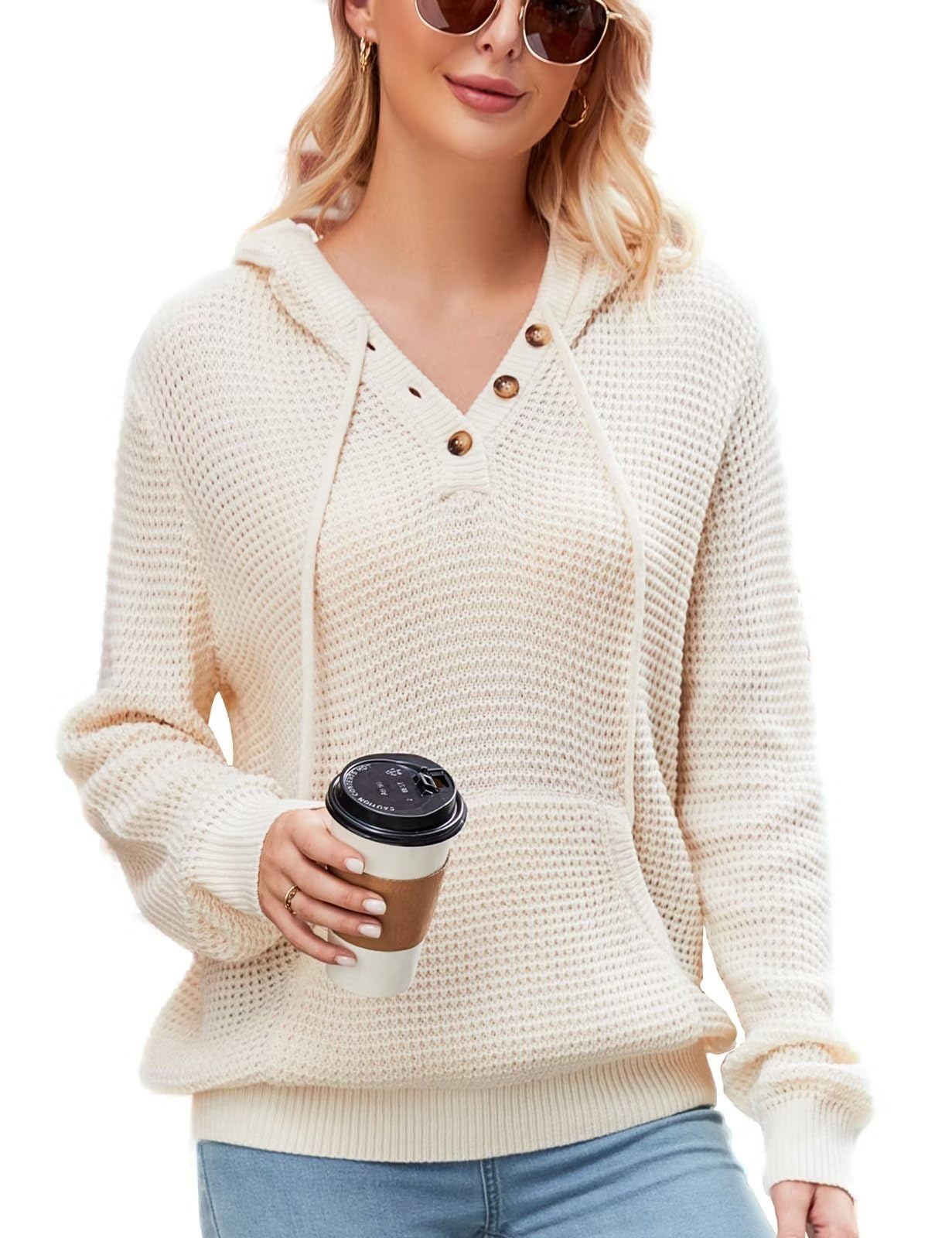 CiCiBird Women's Fall Hoodies Sweater V Neck Waffle Knit Top with Pocket | Loose Fit, V Neck Button, Adjustable Drawstring, Long Sleeve, Kangaroo Pocket, Weekend Errands, Daily Wear, Work Casual