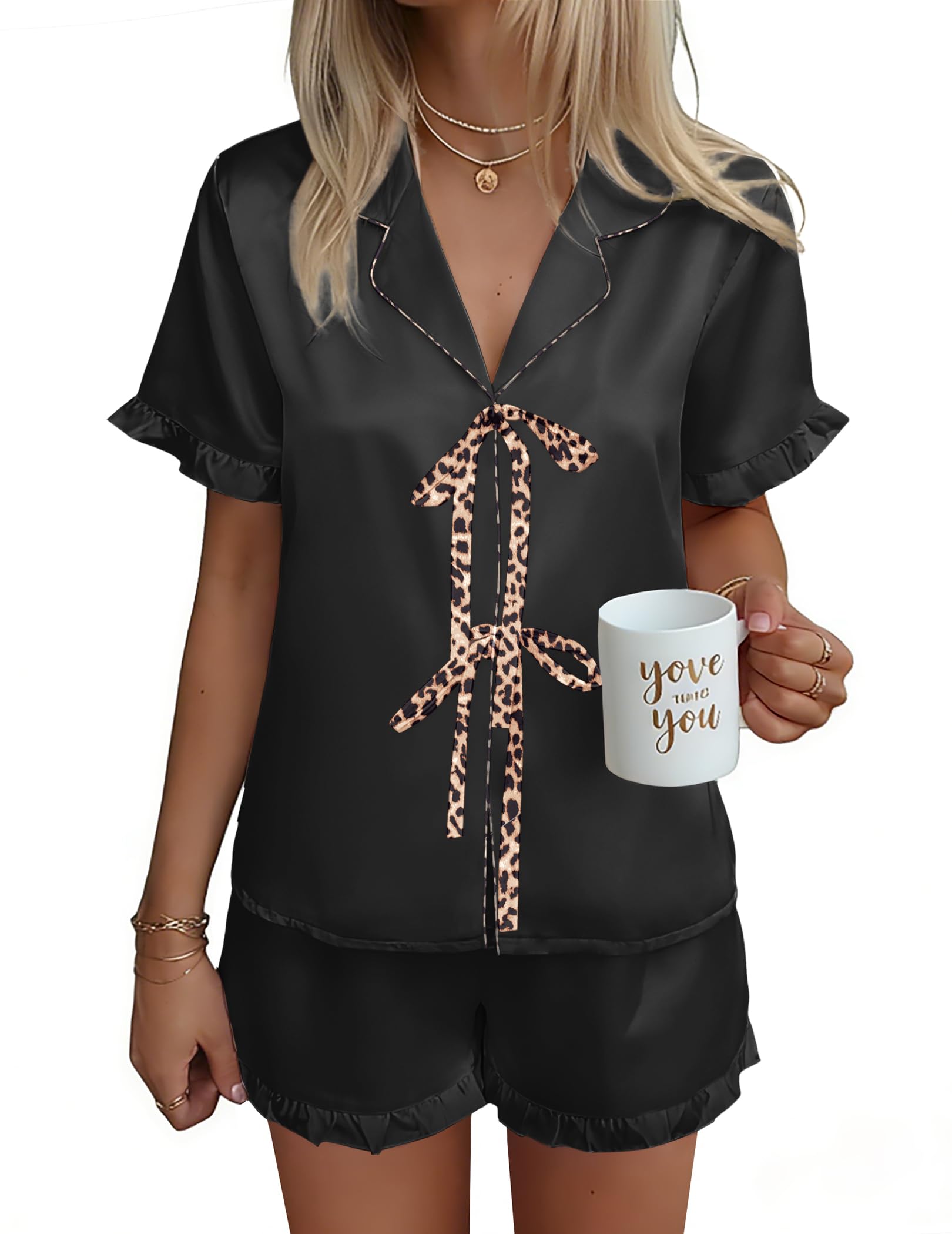 Ekouaer Satin Pajama for Women Short Sleeve Silky Pj Short Sets Lounge Set