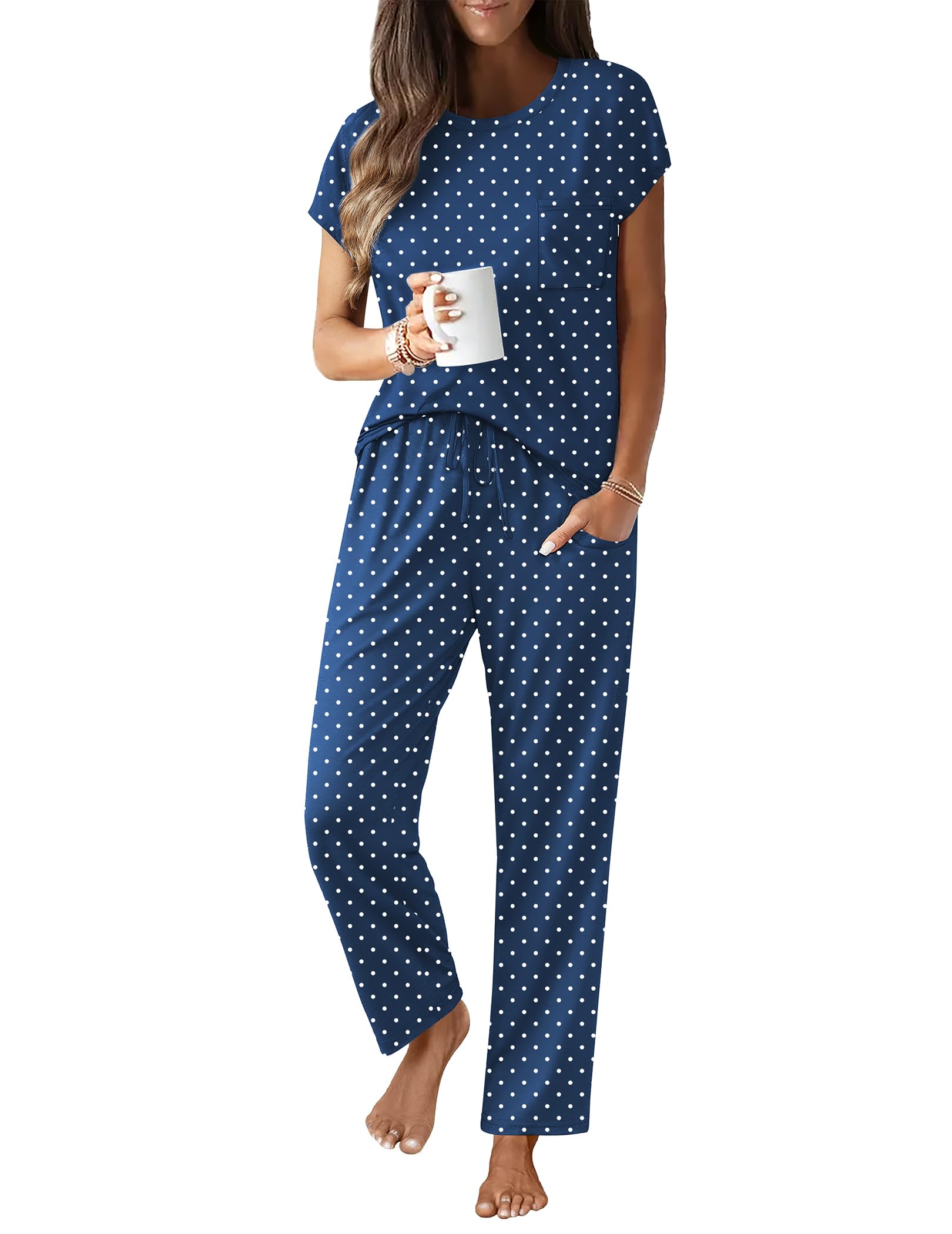 Ekouaer Womens Pajama Sets 2 Pcs Short Sleeve Lounge Set with Pockets
