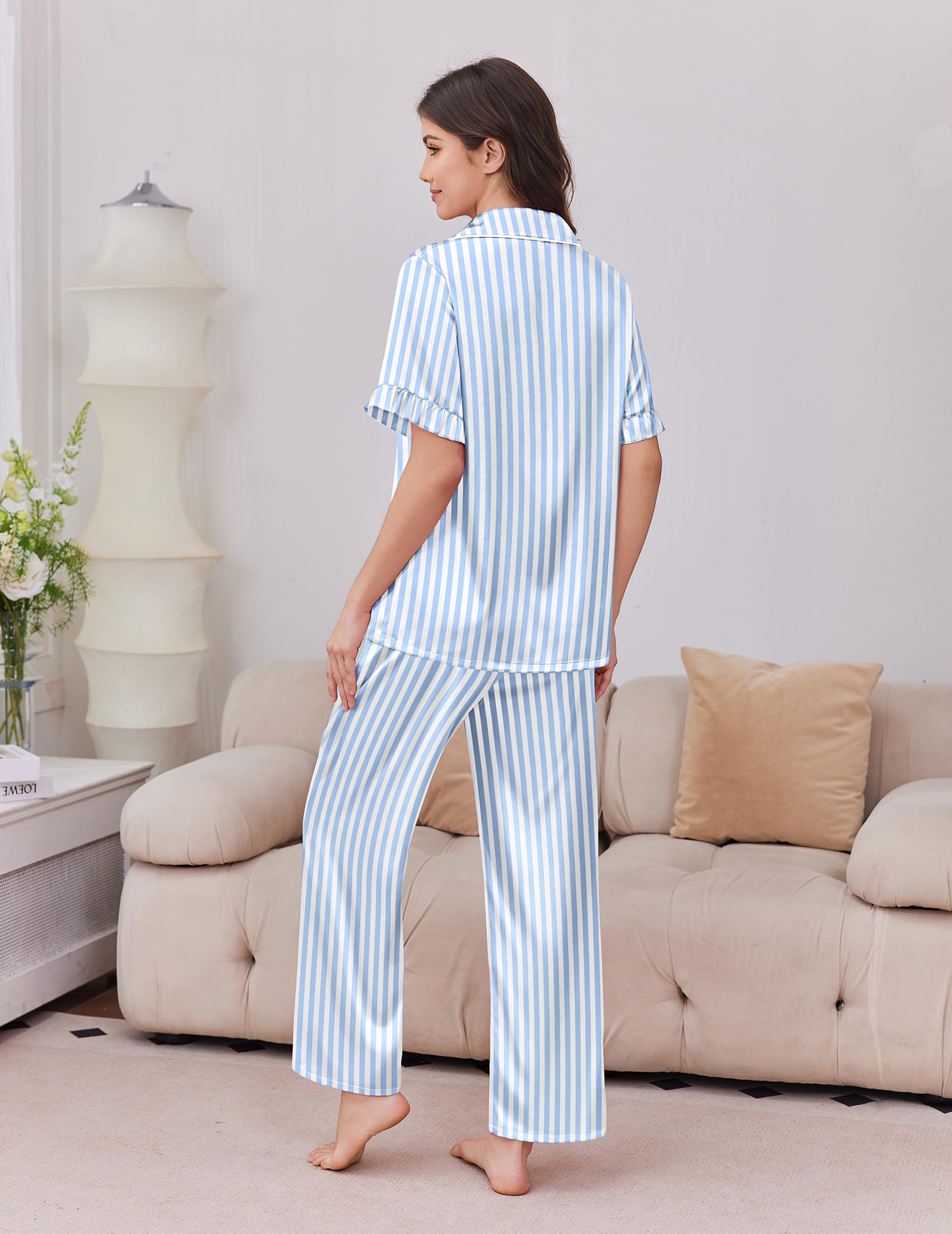 Ekouaer Silk Satin Pajamas for Women Set 2 Piece Short Sleeve Button Up Pjs