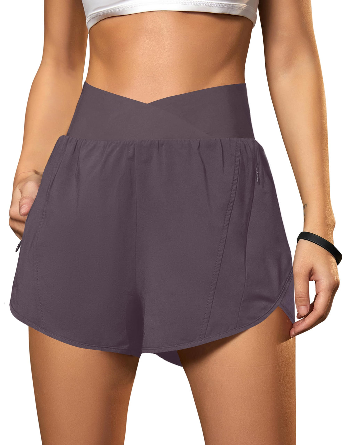Blooming Jelly Women's Workout Shorts Athletic Running Shorts Crossover High Waisted Gym Shorts with Zipper Pockets