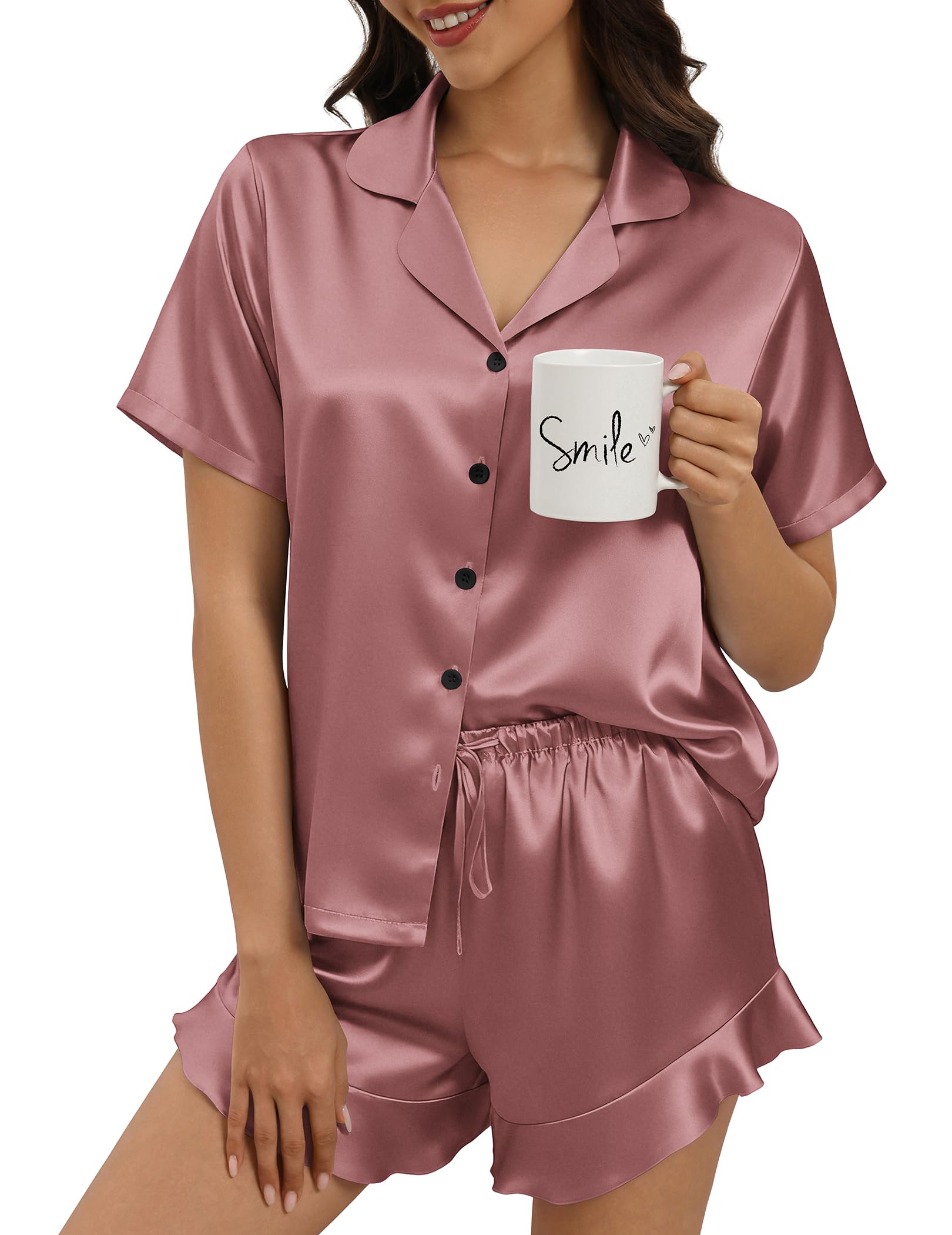 Silk Pajamas for Women Button Down 2 Piece Satin Pjs Shorts Set Ruffle Notch Collar Sleepwear Loungewear