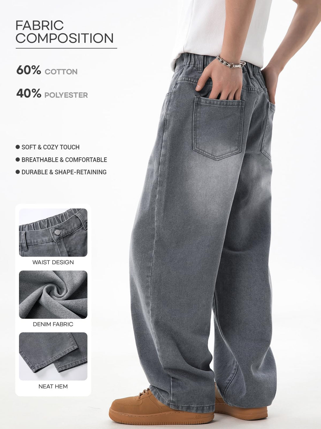 Baggy Hip Hop Jeans for Men Wide Leg Skater Denim Pants Casual Loose Fit Long Trousers