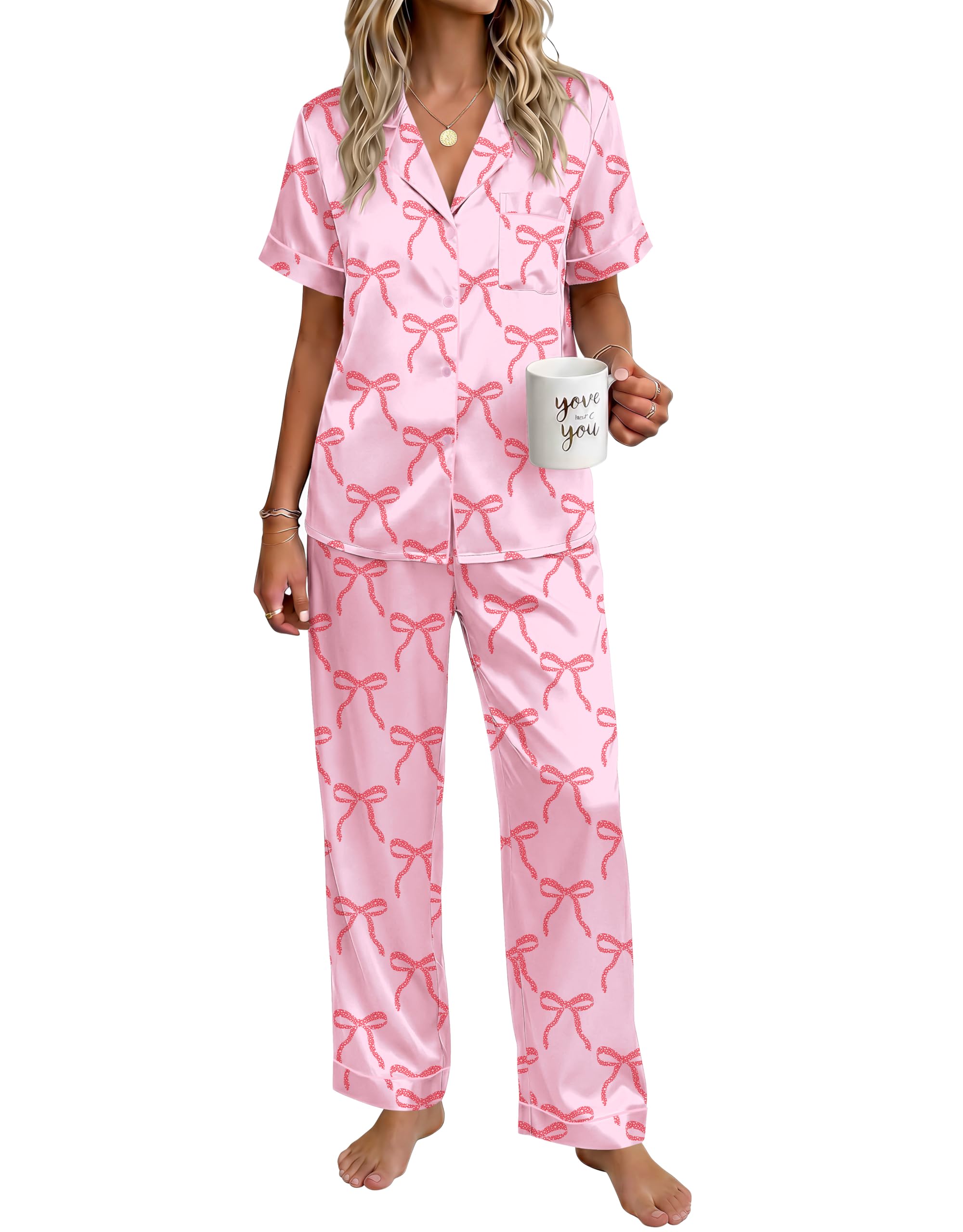 Ekouaer Womens Satin Pajama Set Silky Short Sleeve Button Down Pj Set
