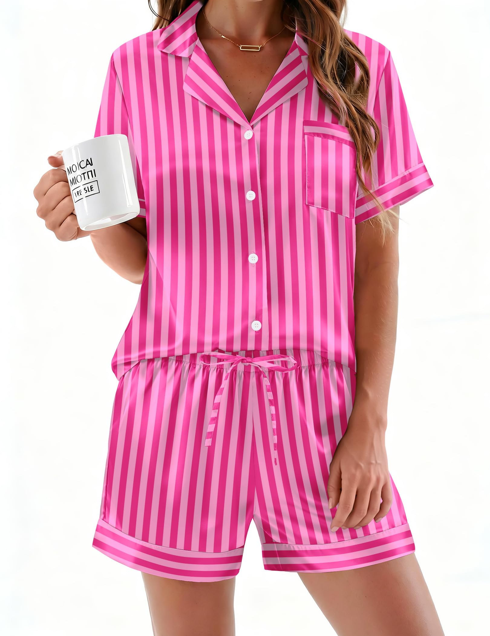 Ekouaer Silk Pajamas for Women Button Up 2 Piece Satin Pjs Shorts Set