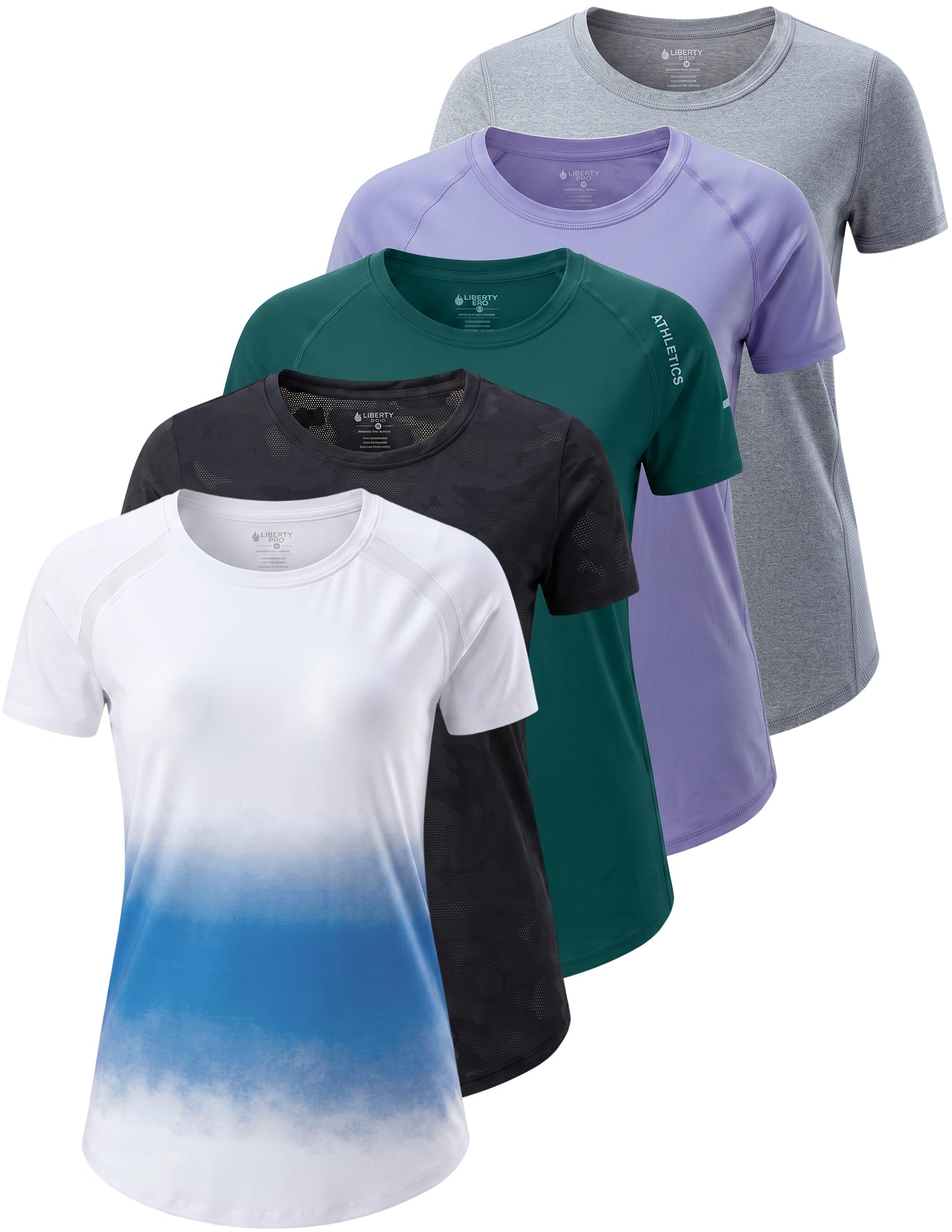 Liberty Imports 5 Pack Women's Dry Fit Workout Tops, Athletic Short Sleeve T Shirts for Yoga Gym (Available in Plus Sizes)