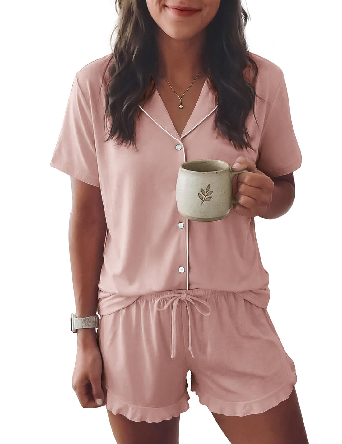 Ekouaer Womens Pajama Sets Button Down Cute Ruffled Pjs Set Sleepwear