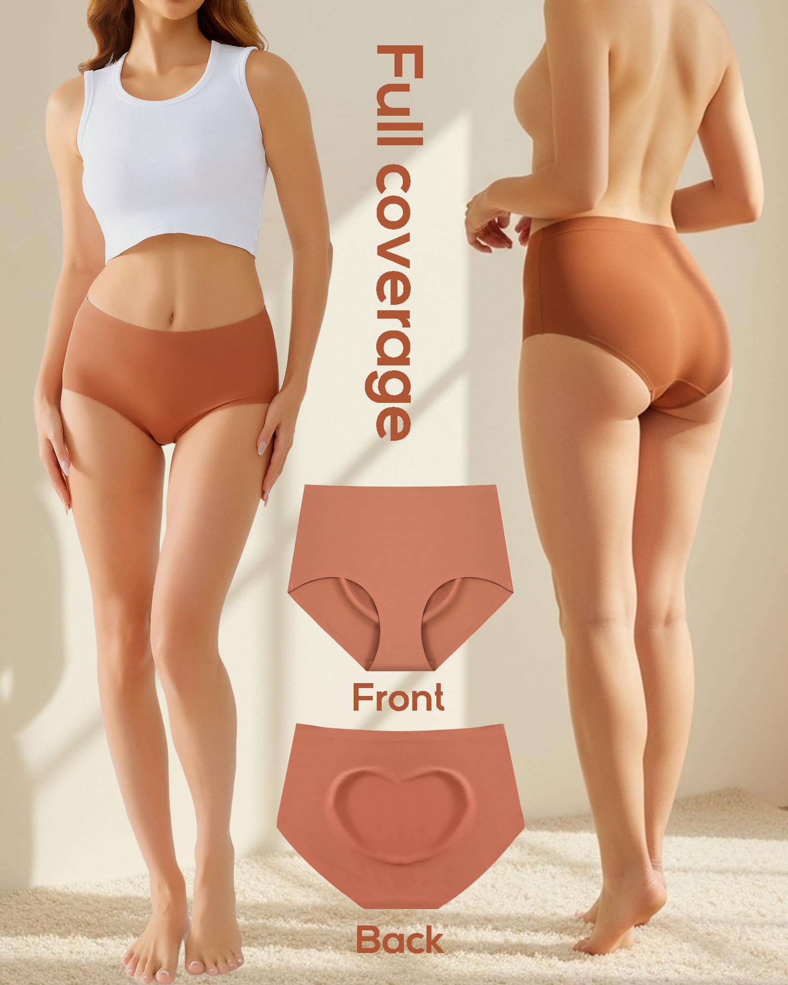 High Waisted Seamless Underwear for Women Full Coverage Hiphugger High Rise Silky No Show Briefs Panties 6 Pack