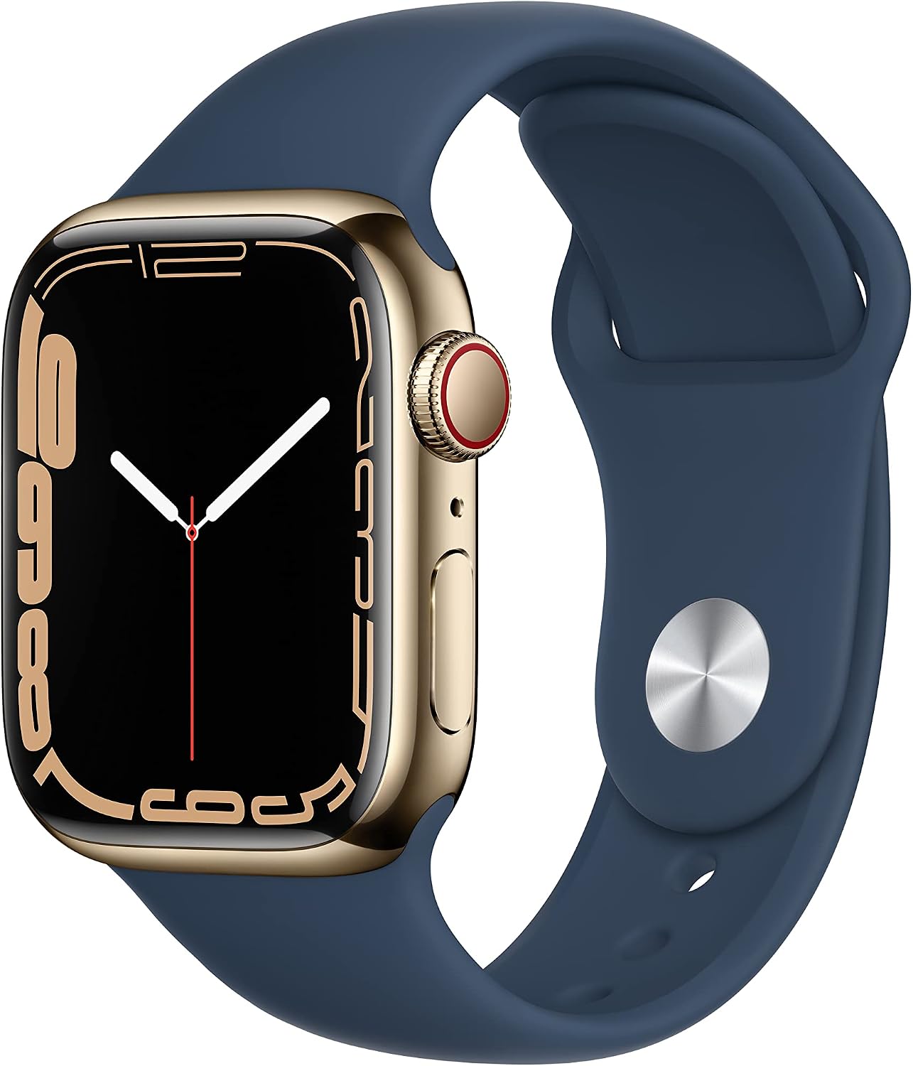 Apple Watch Series 7 [GPS + Cellular 41mm] Smart Watch w/ Gold Stainless Steel Case with Abyss Blue Sport Band (Renewed)