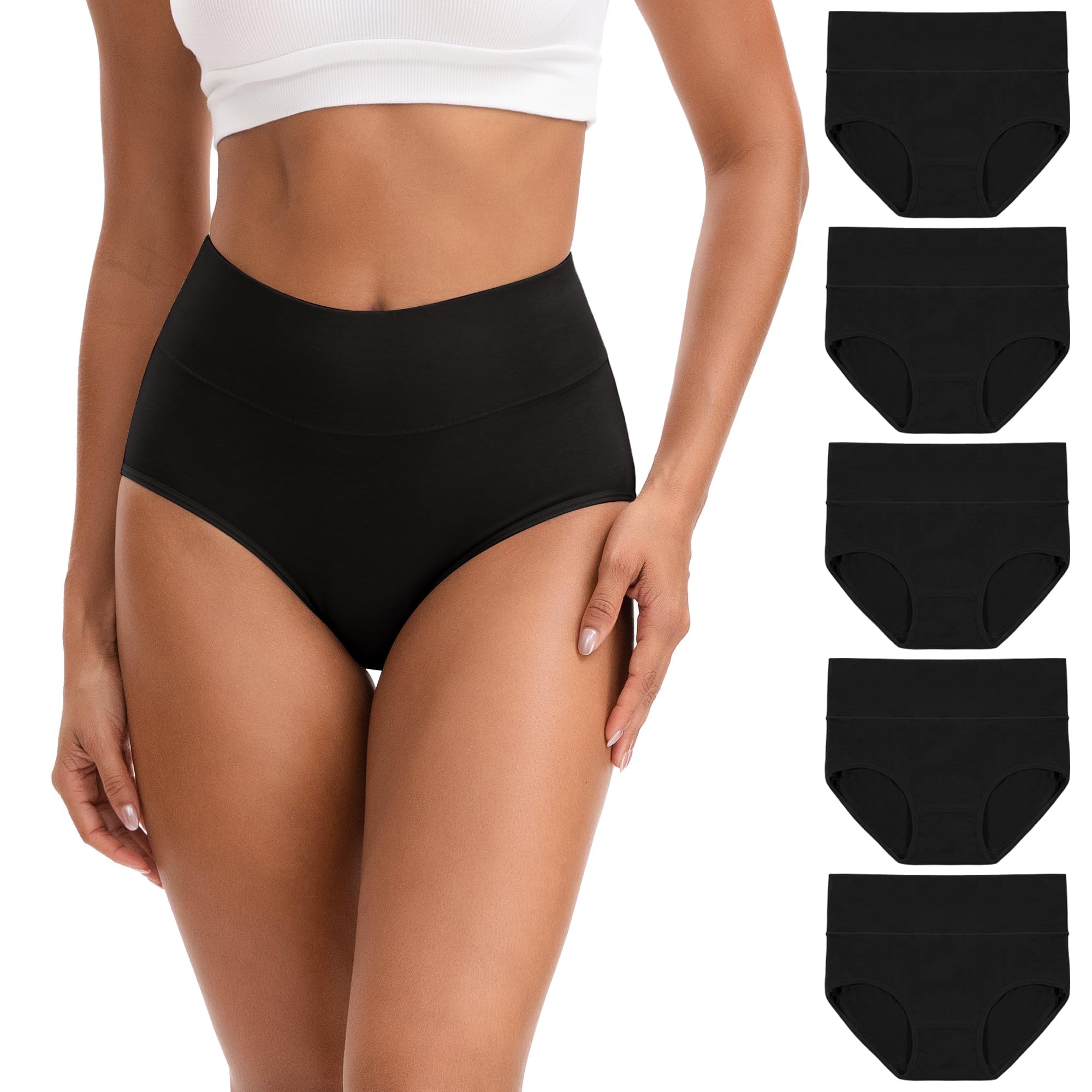 INNERSY Women's High Waisted Underwear Cotton Panties Regular & Plus Size 5-Pack