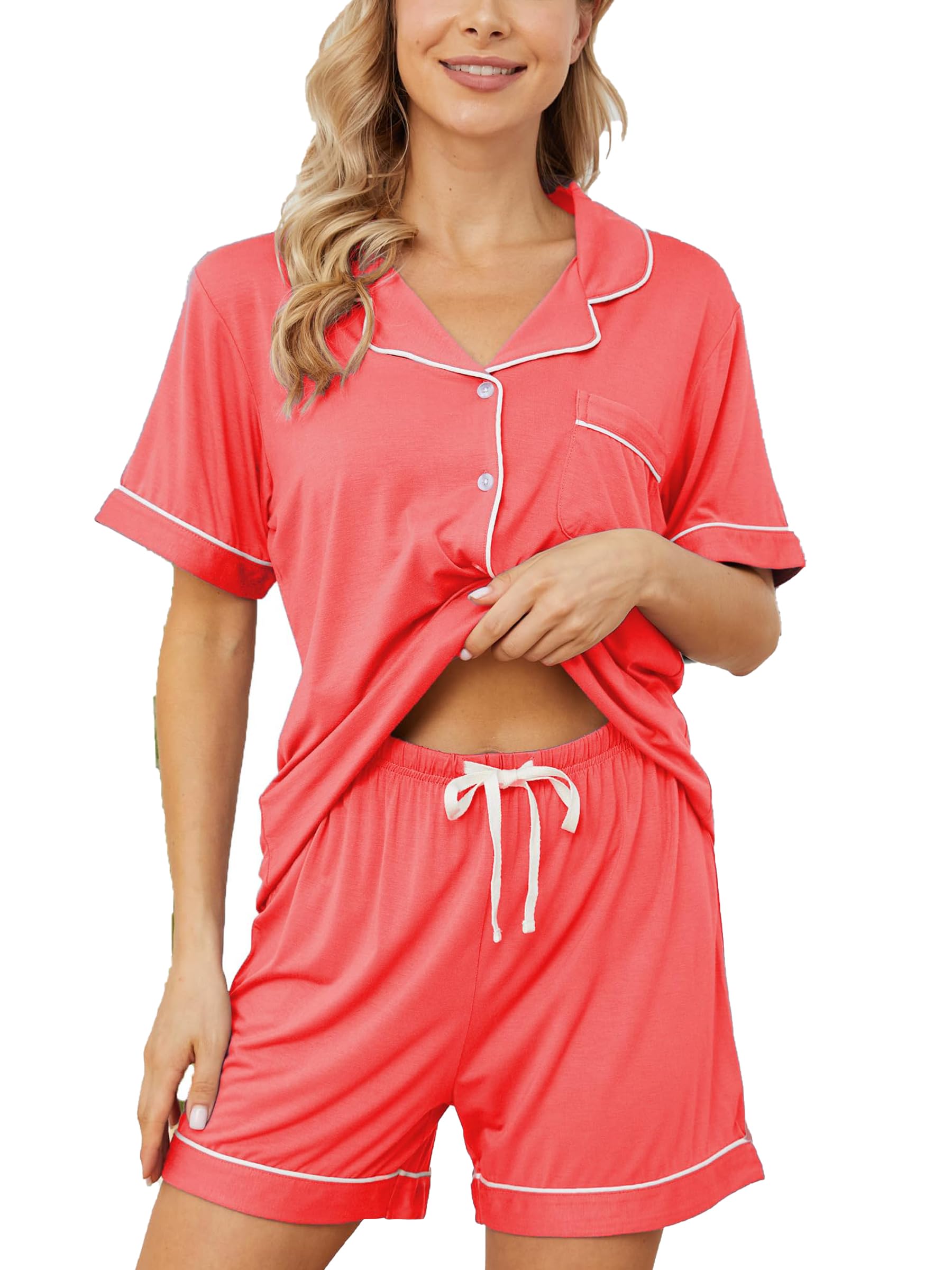 Womens Pajama Sets Short Sleeve Sleepwear Soft Button Down Nightwear Lounge Pj Set XS-XXL