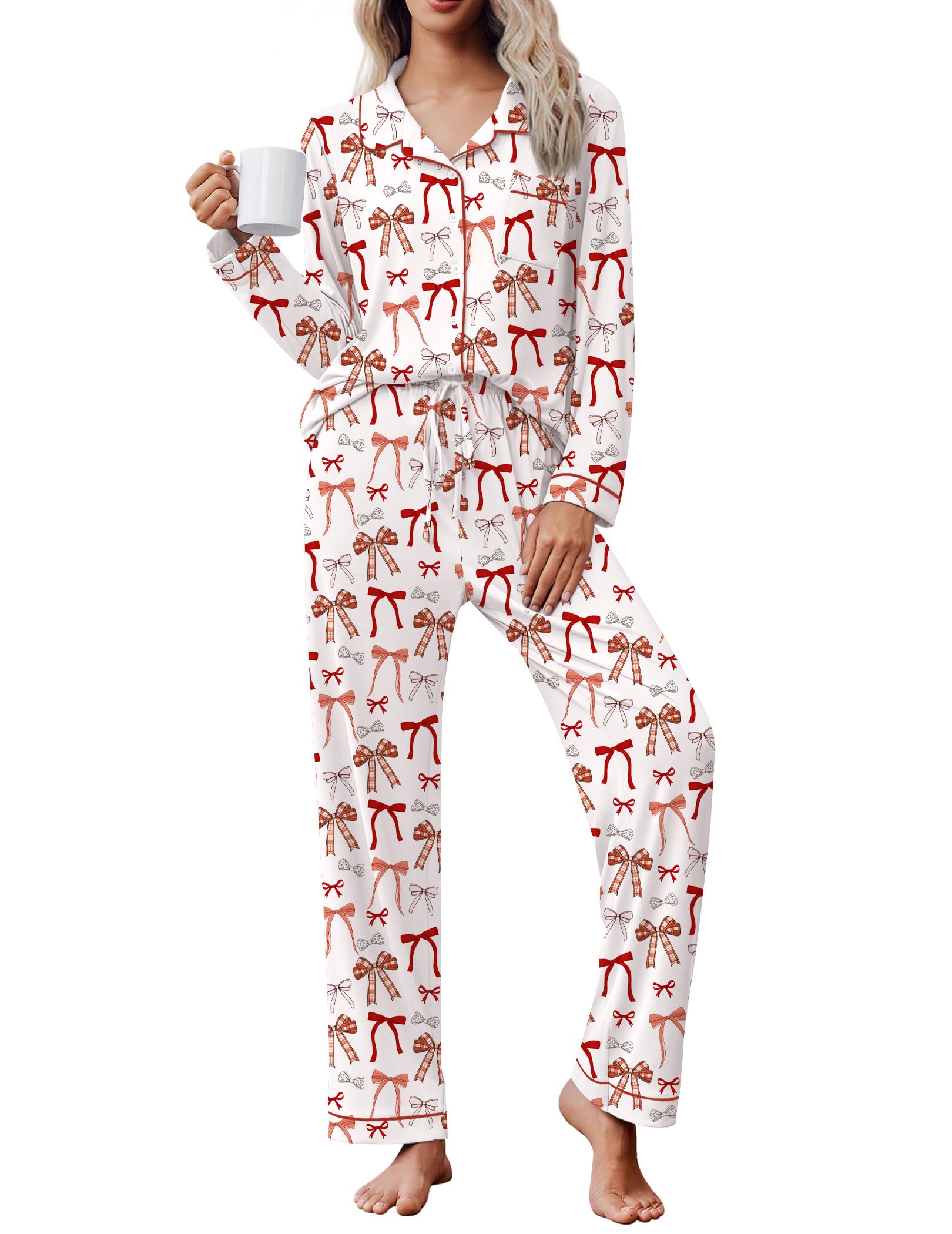 Ekouaer Women's Pajama Set Long Sleeve Lounge Set Soft Button Down Pjs