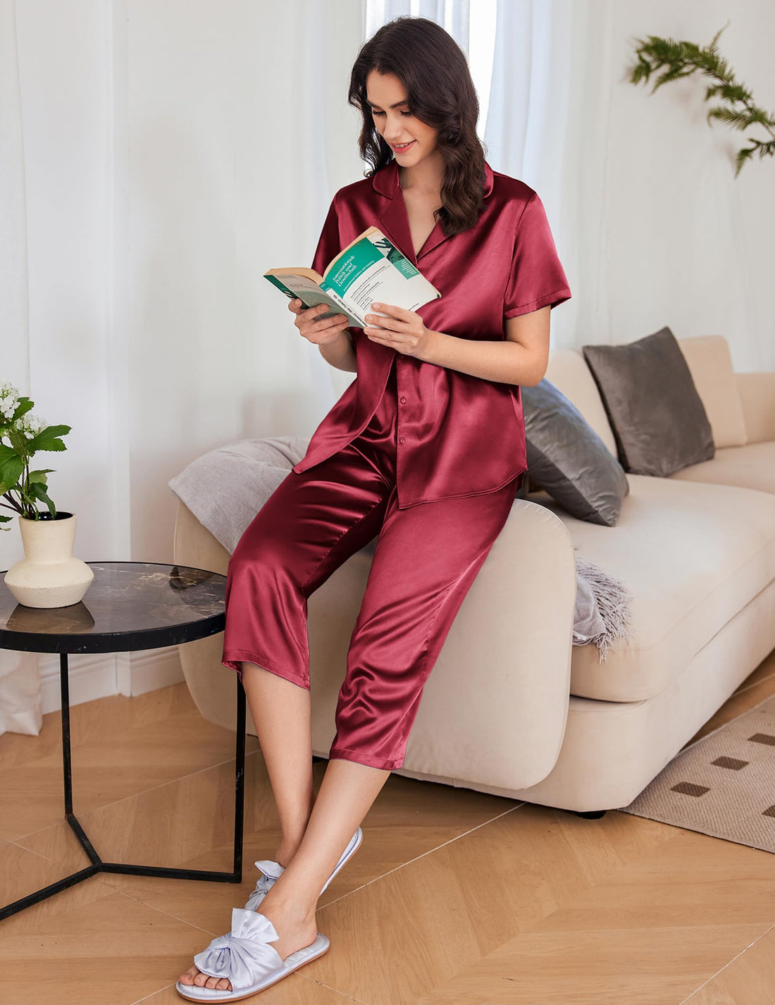 Ekouaer Womens Satin Silky Capri Pajamas Short Sleeve Button Down Sleepwear