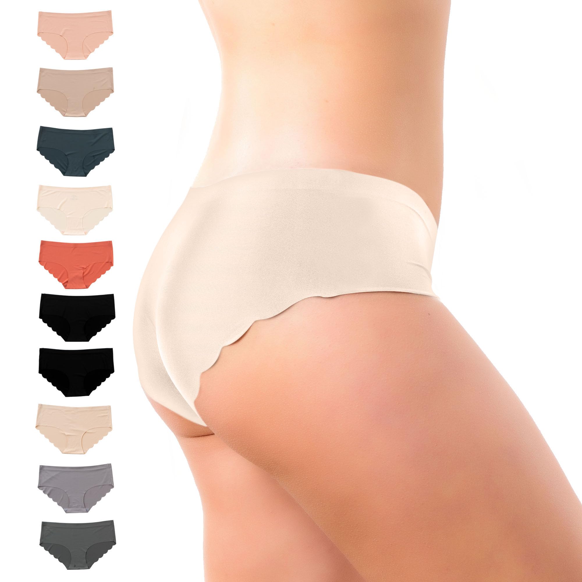 Pretty Sweet Intimates Women’s Seamless Cheeky Bikini Underwear, Pack of 10- Laser Cut, No Show Cheeky Panties with Lace