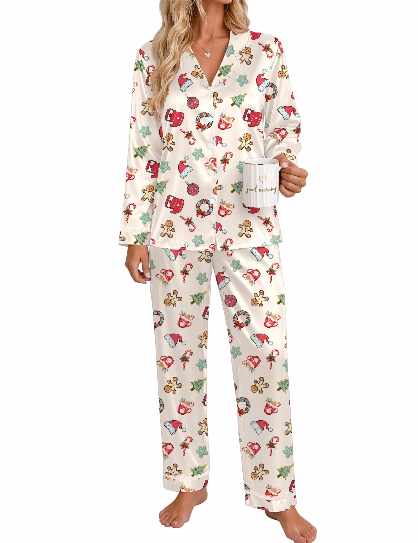 Ekouaer Satin Pajamas for Women Set 2 Piece Silk Pjs Long Sleeve Lounge Set