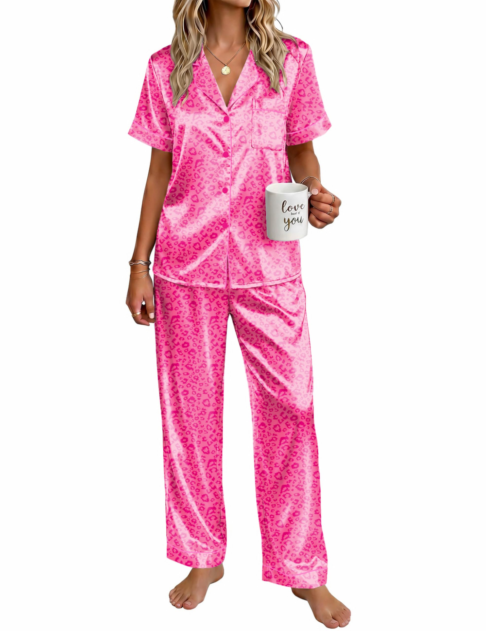 Ekouaer Womens Satin Pajama Set Silky Short Sleeve Button Down Pj Set