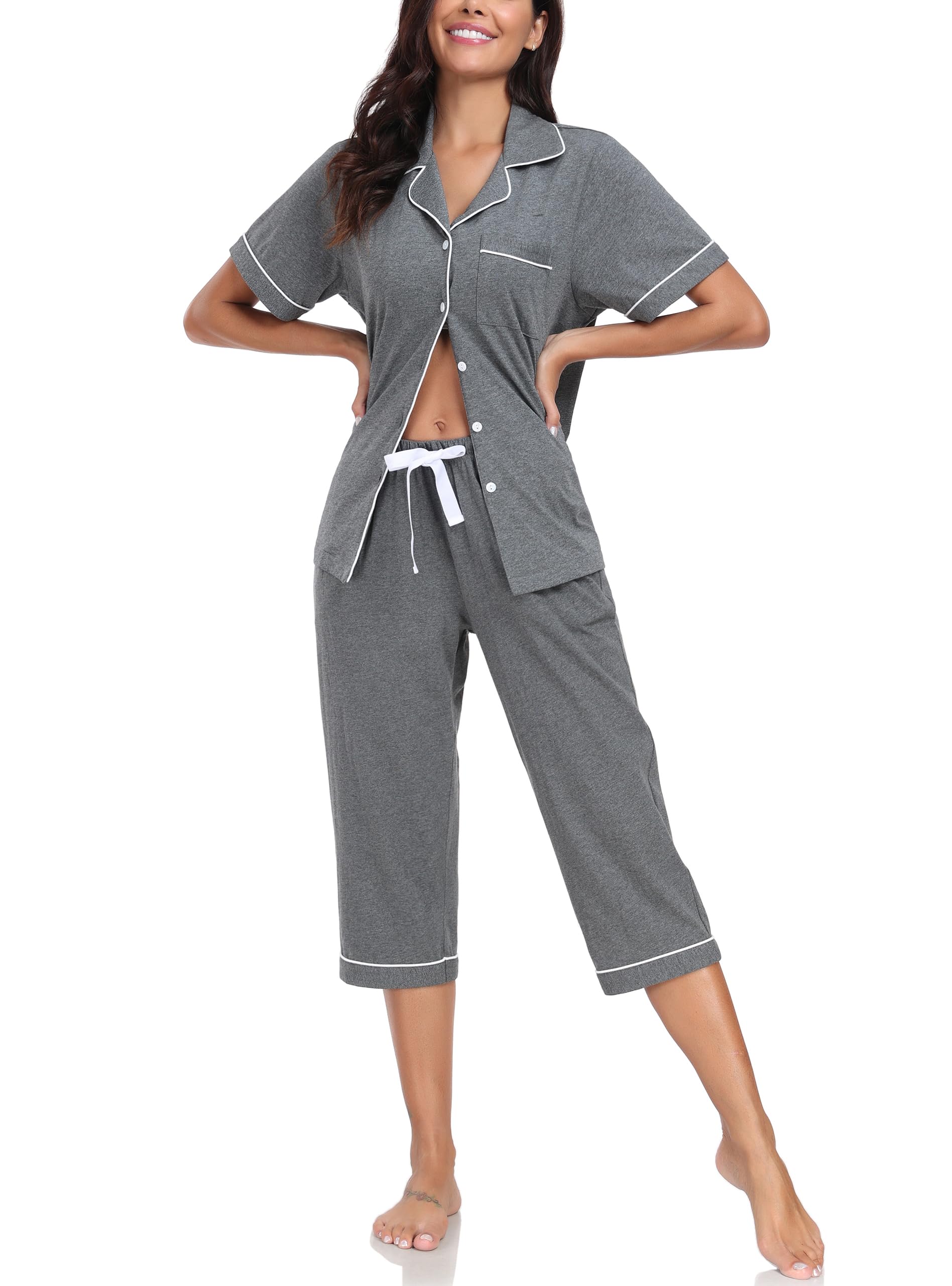 COLORFULLEAF 100% Cotton Women's Pajama Sets Short Sleeve Capri Pajamas for Women Set Button Down Pjs Soft Sleepwear Summer