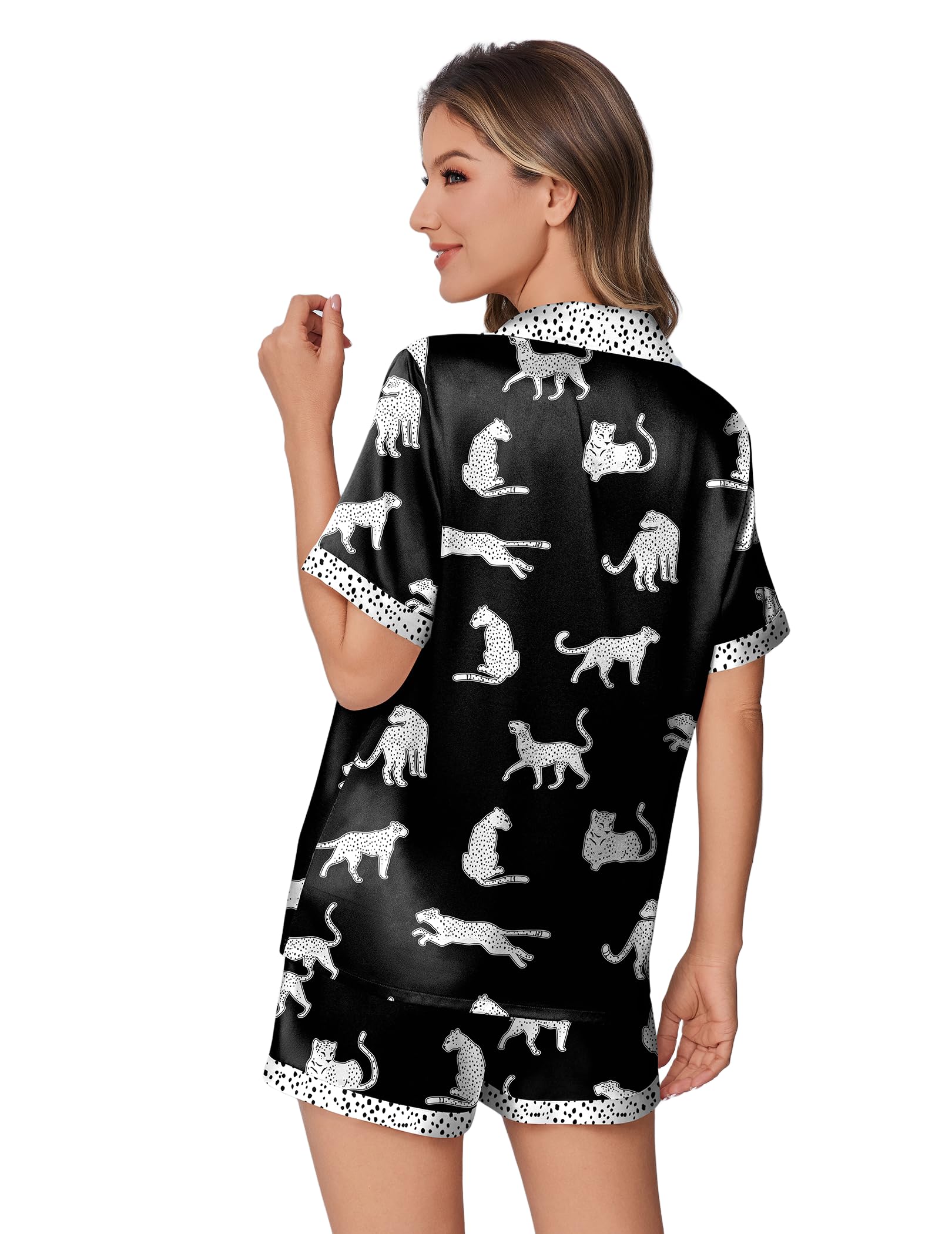 Ekouaer Womens Silky Satin Pajamas Set Short Sleeve Colorful Print Pjs