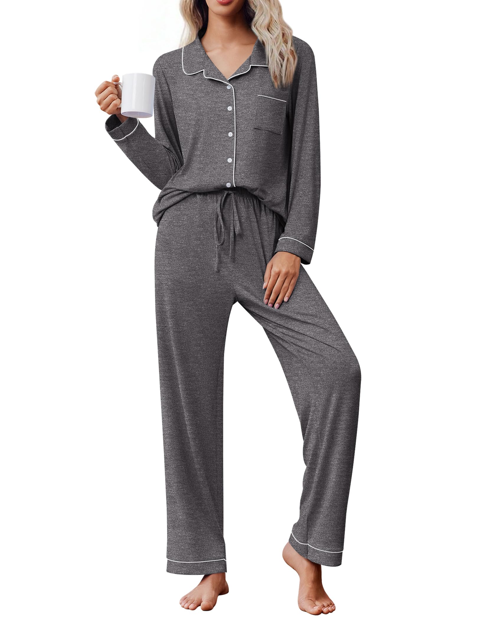 Ekouaer Women's Pajama Set Long Sleeve Lounge Set Soft Button Down Pjs
