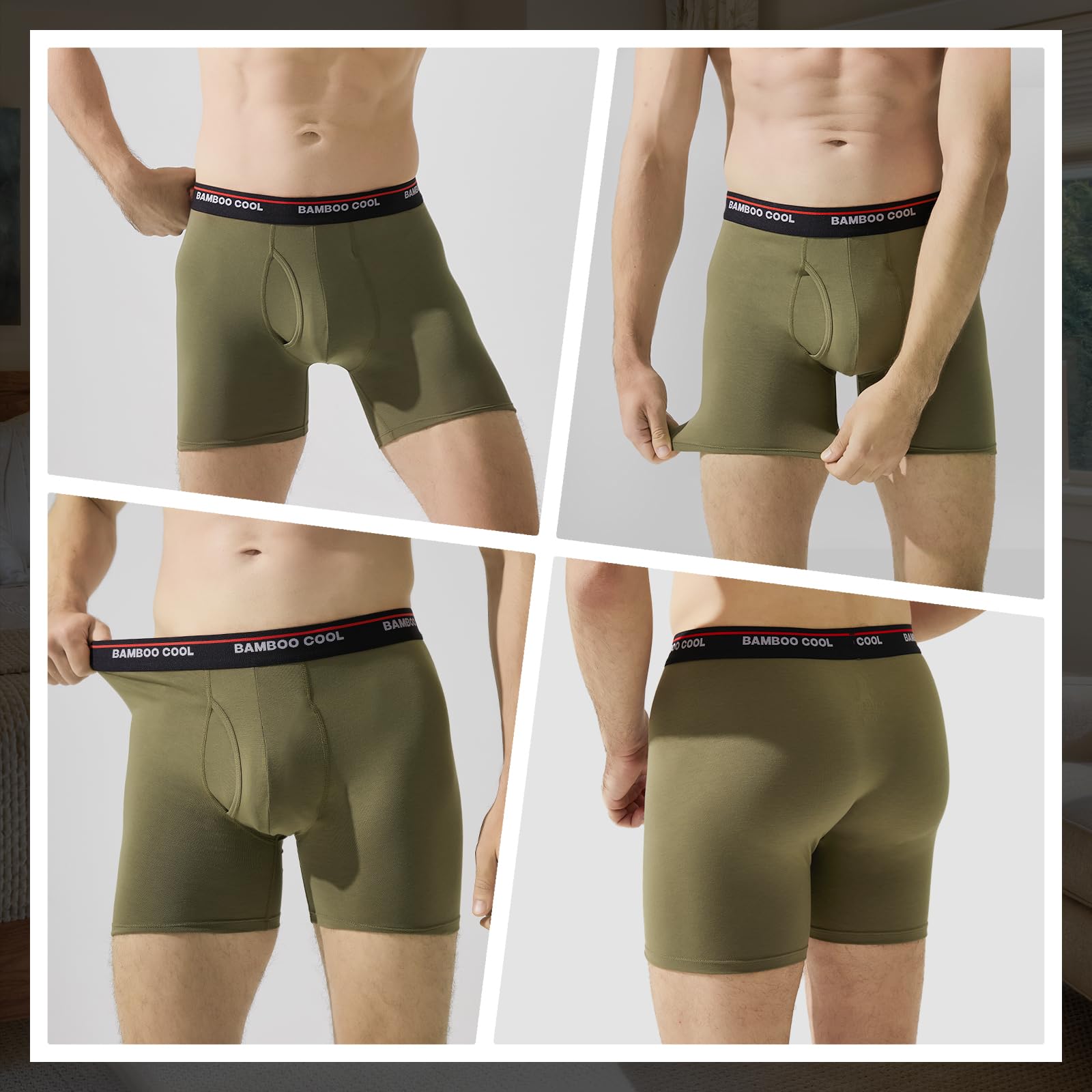 BAMBOO COOL Men's Underwear Boxer Briefs Fly with Built-in 3D Pouch Comfortable Cool Underwear for Men 4 Pack