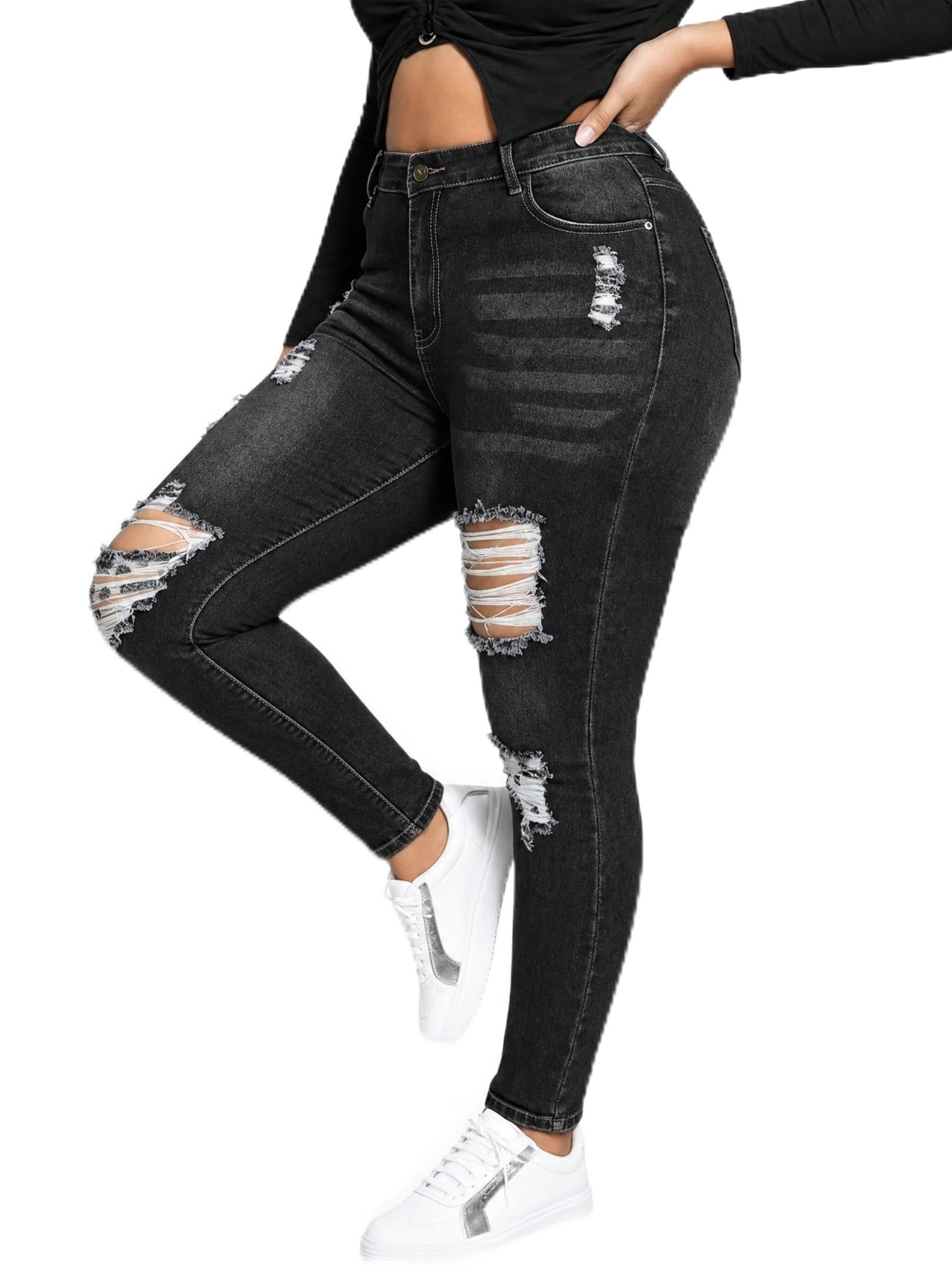 ALLABREVE Womens Plus Size Skinny Jeans Stretchy High Waisted Ankle Jean Ripped Slim Fit Washed Denim Distressed Tight Jean