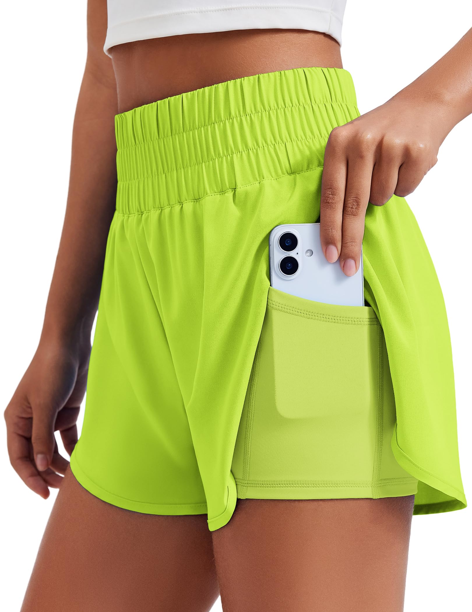 PINSPARK Women's 2 in 1 Running Shorts High-Split Athletic Short High Waisted 3" Liner Workout Gym Short with Pockets
