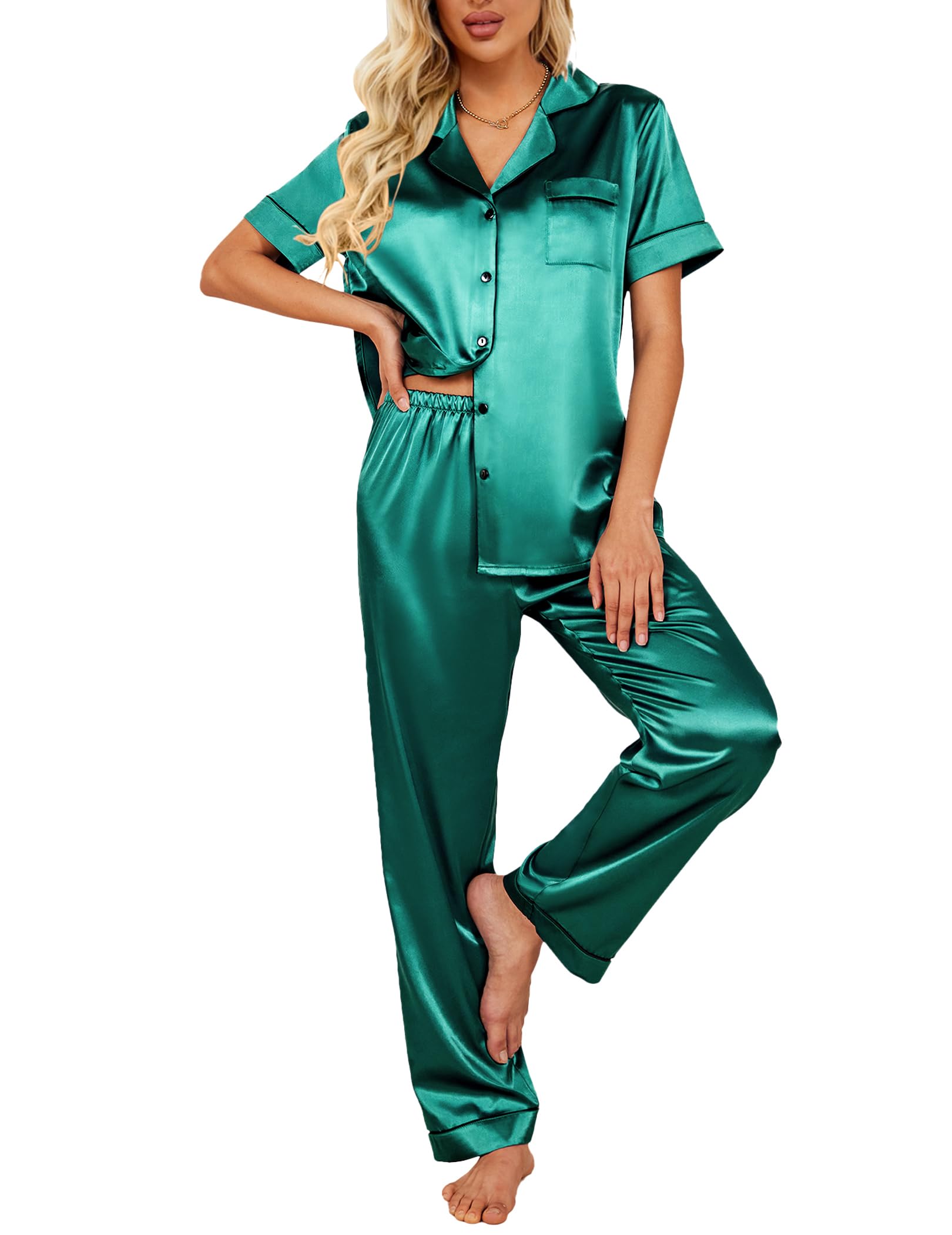 Ekouaer 2 Piece Satin Short Sleeve Pajamas Set Button Down Sleepwear