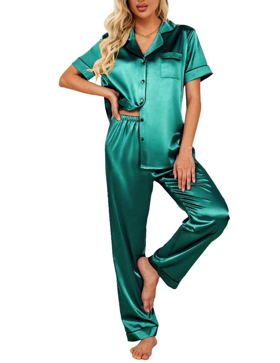 Ekouaer 2 Piece Satin Short Sleeve Pajamas Set Button Down Sleepwear