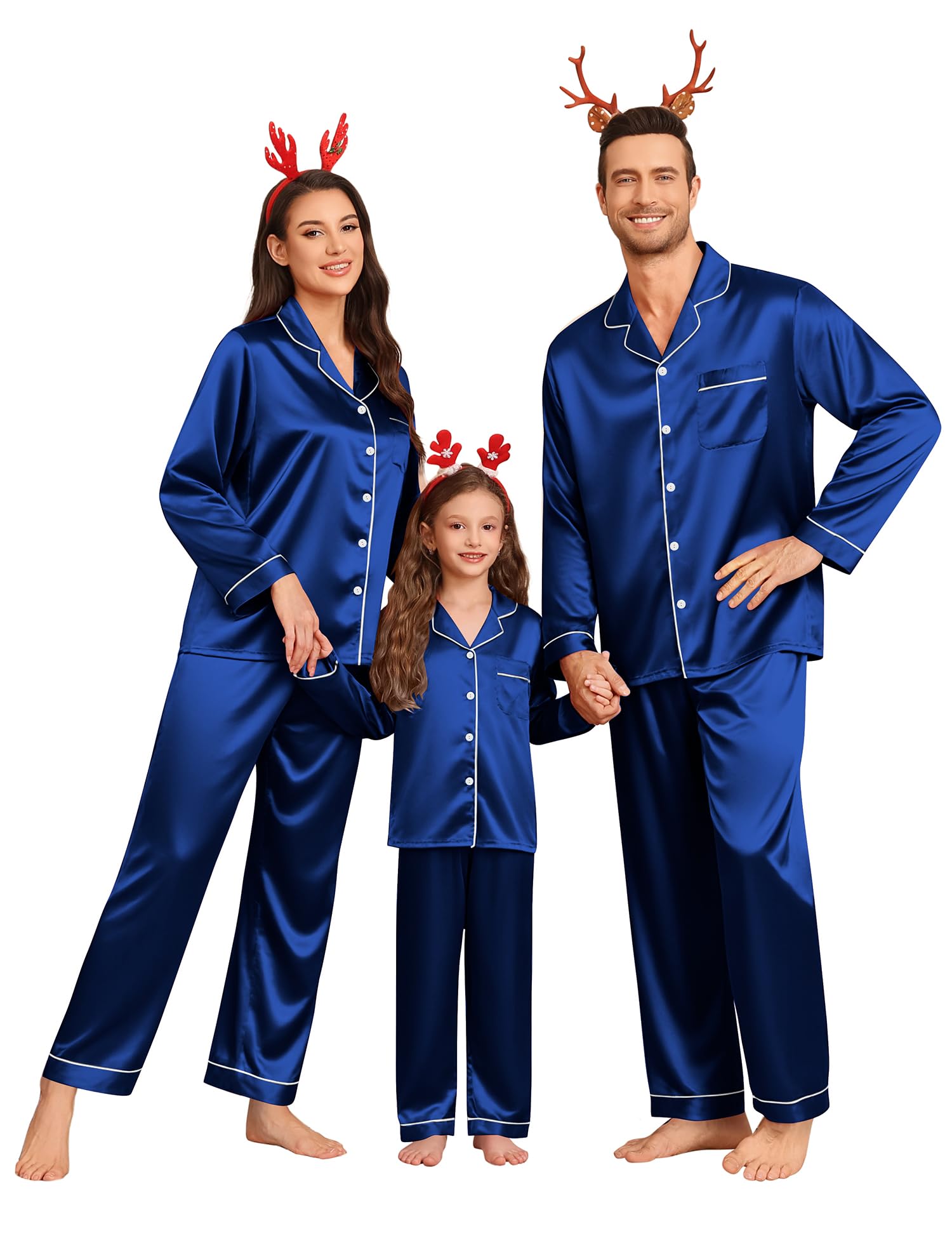 SWOMOG Family Matching Pajamas Set Silk Satin Button Down Sleepwear Long Sleeve Nightwear 2 Pcs Pj Set S-XXL