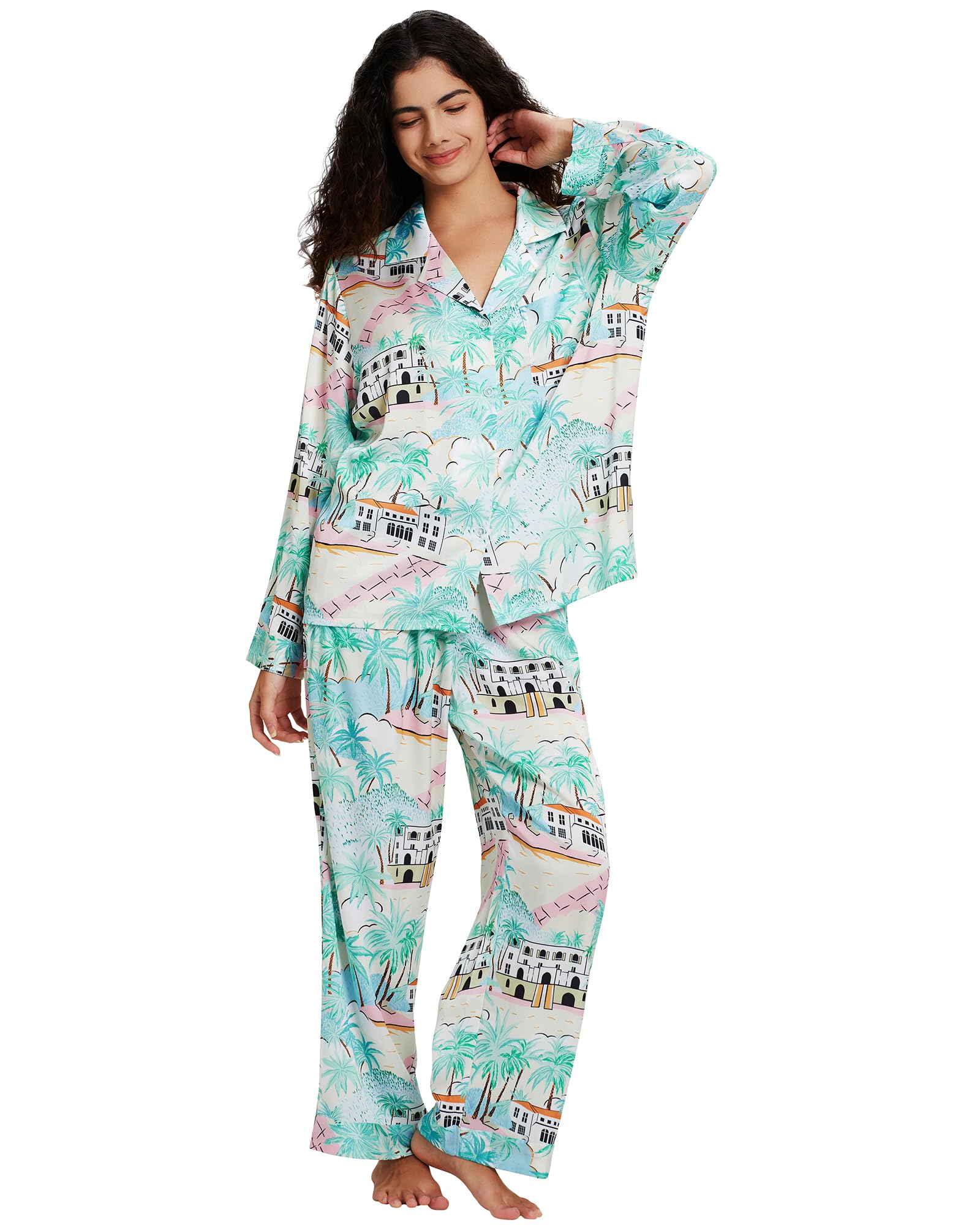 YiNi LuLu Womens Silk Satin Pajamas Set Button Down 2 Piece Pjs Long Sleeve Oversized Sleepwear with Pockets