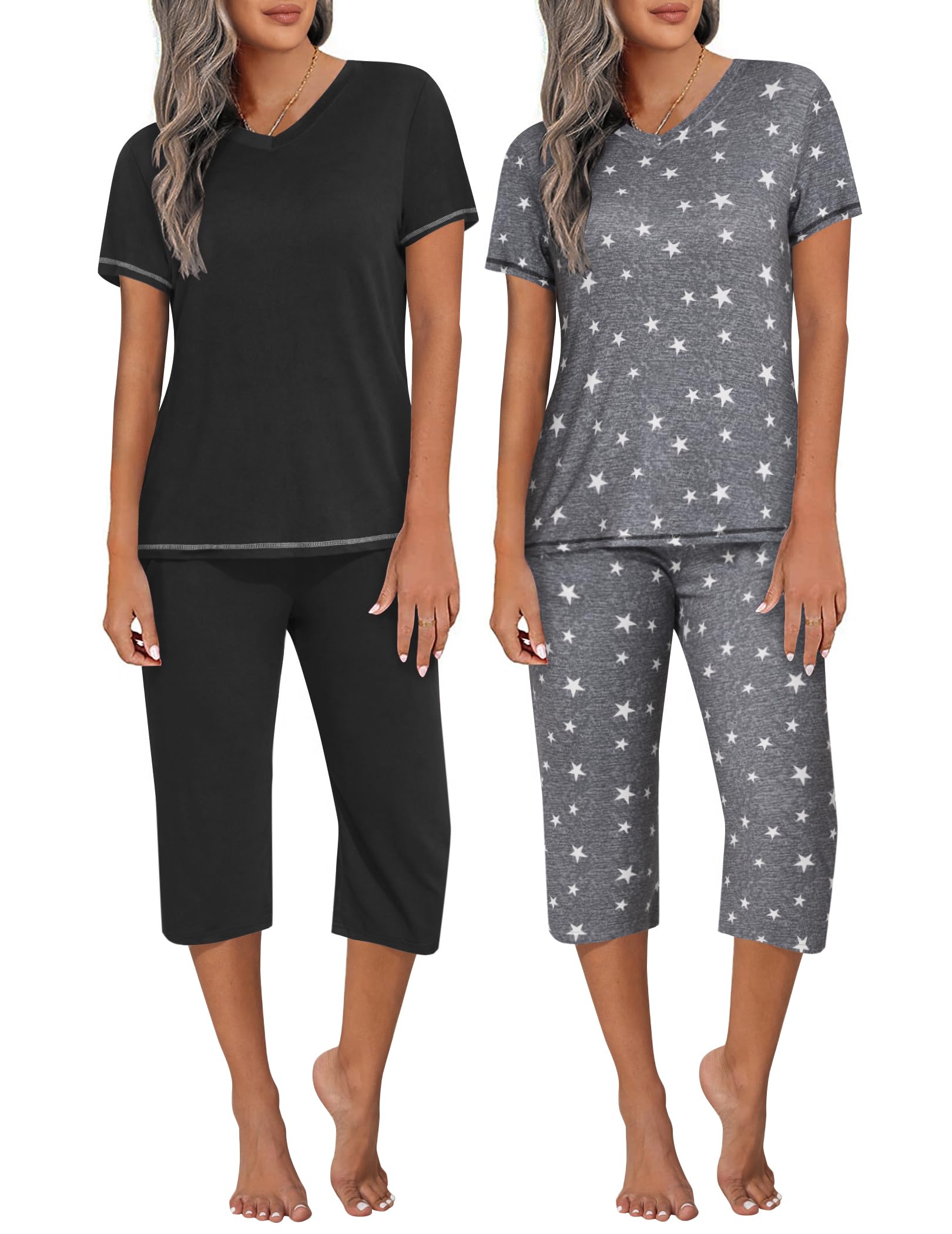 Ekouaer 2 Pack Women's Capri Pajama Sets Short Sleeve Two-Piece Pjs V Neck Tops & Pants Printed Lounge Sets S-3XL
