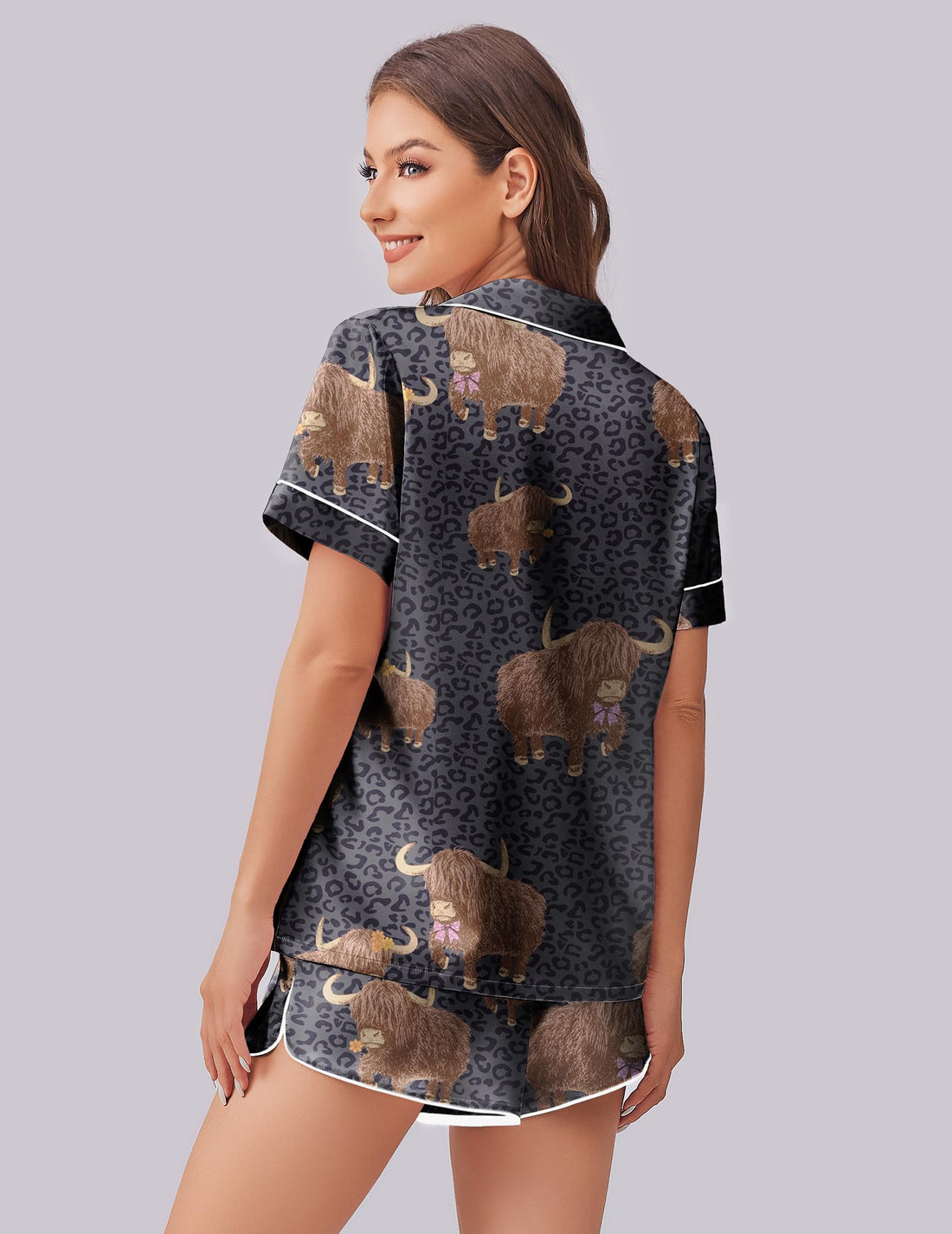 Ekouaer Womens Silk Satin Pajama Set Print Short Sleeve Sleepwear Button Down Pjs Shorts Set Loungewear