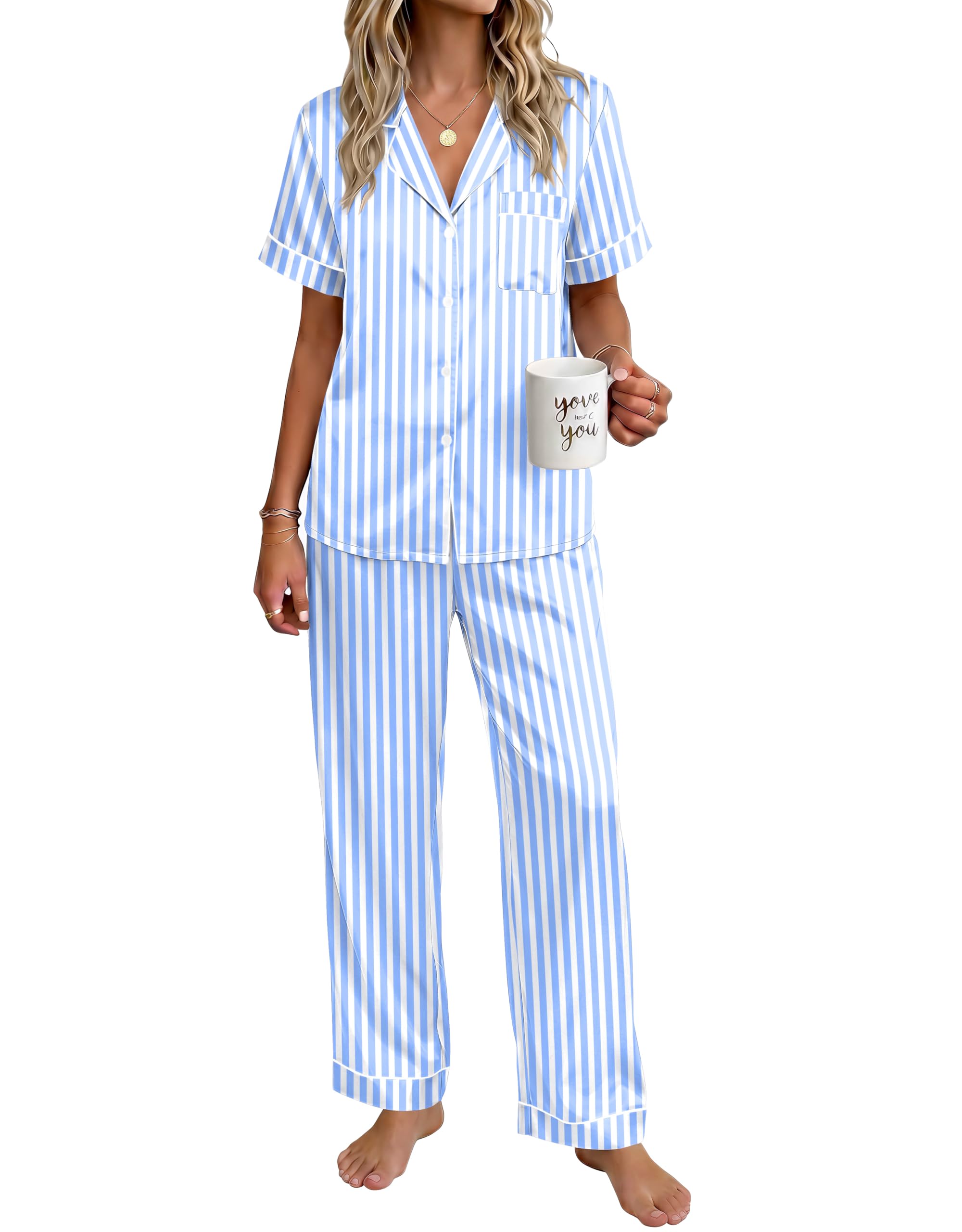 Ekouaer Womens Satin Pajama Set Silky Short Sleeve Button Down Pj Set