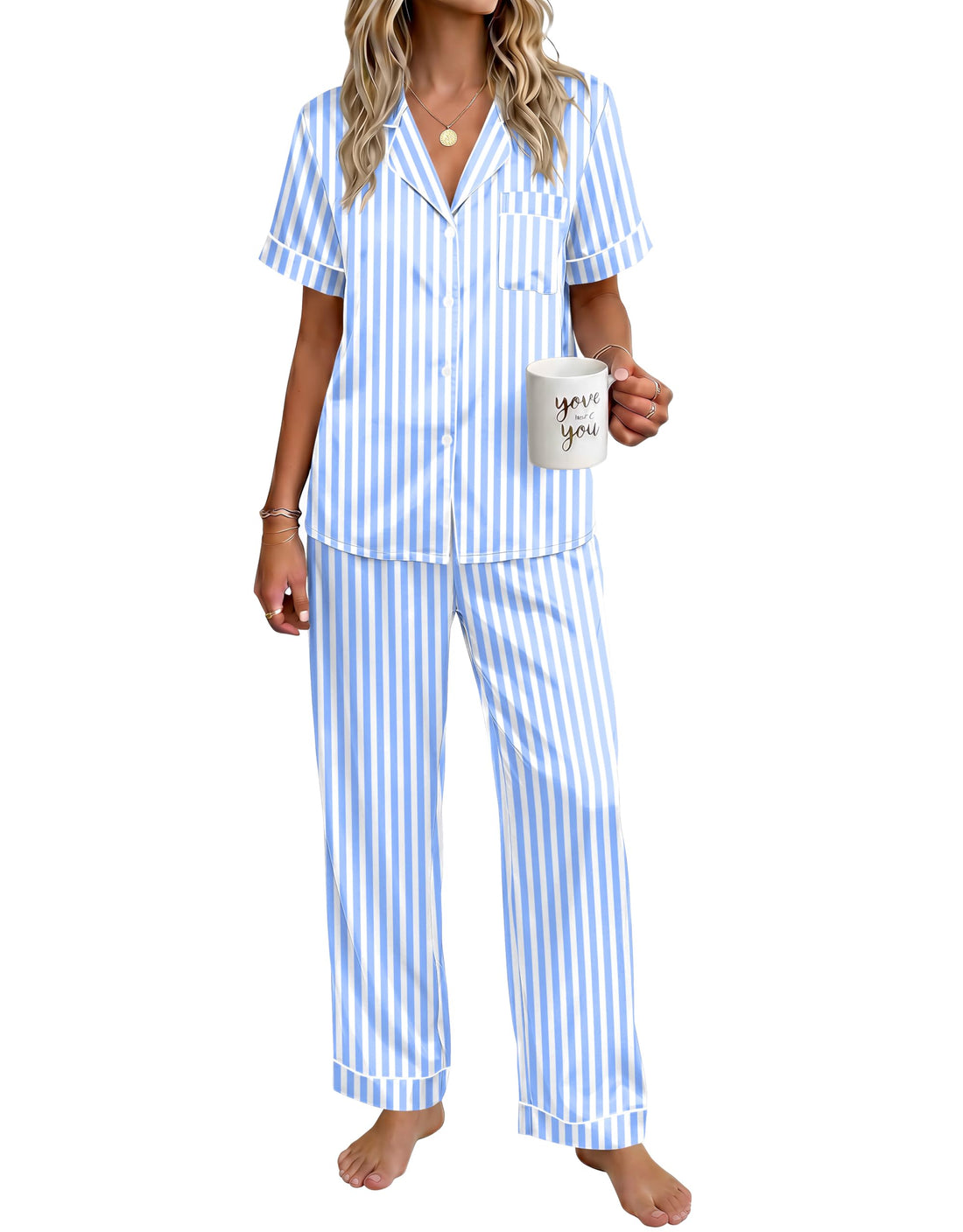 Ekouaer Womens Satin Pajama Set Silky Short Sleeve Button Down Pj Set