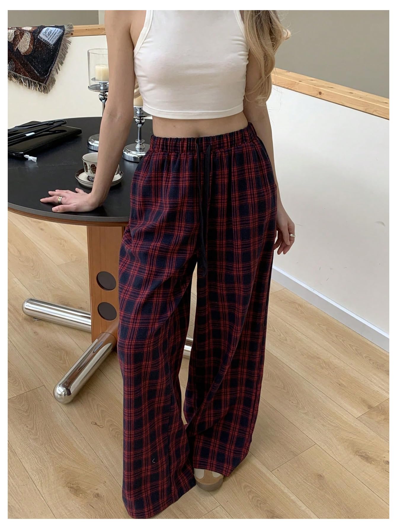 GORGLITTER Women's Plaid Pants Y2k Checkered Wide Leg Pajama Lounge Pants
