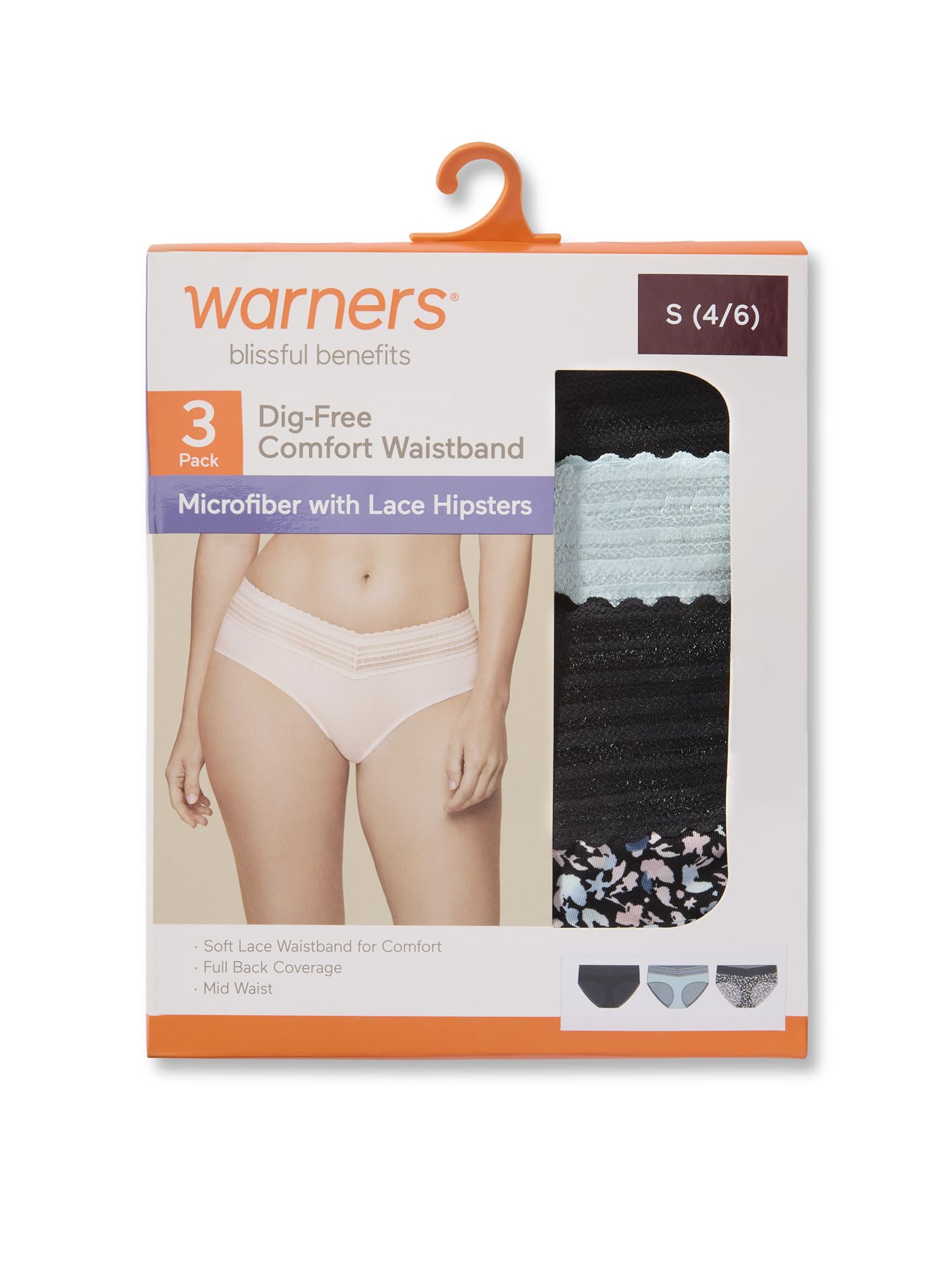 Warner's Women's Blissful Benefits Women's Dig-free Microfiber Lace Hipster 3-pack
