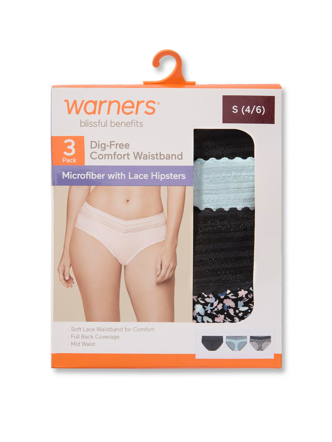 Warner's Women's Blissful Benefits Women's Dig-free Microfiber Lace Hipster 3-pack