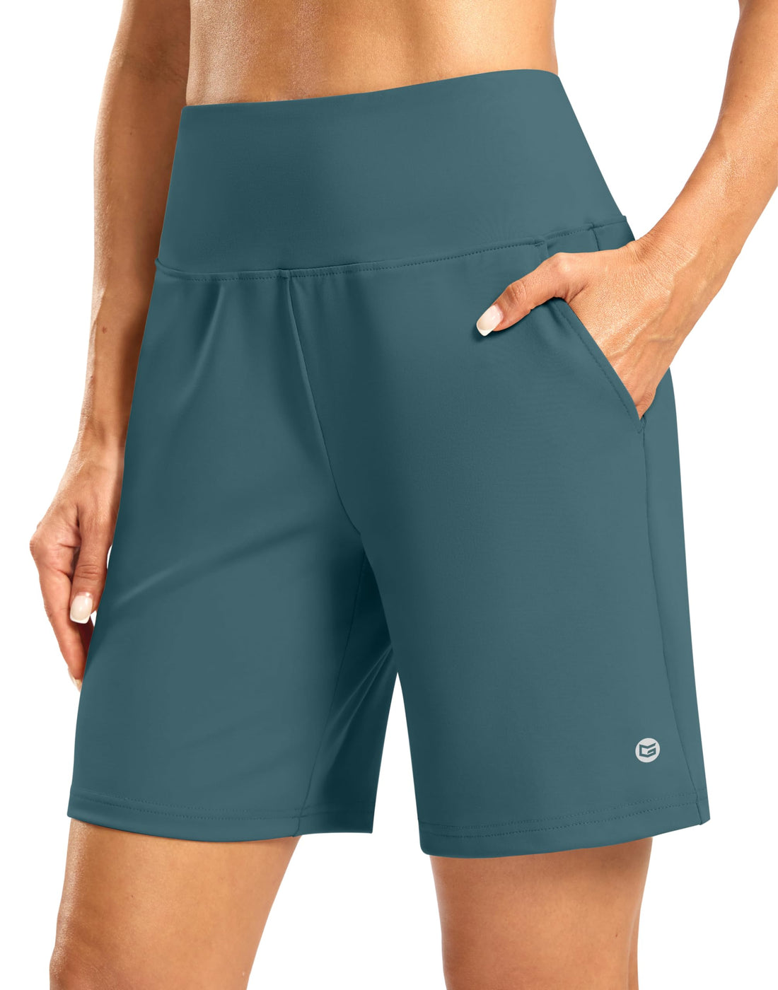 Women's Athletic Shorts with Zipper Pocket 7" High Waisted Stretchy Bermuda Shorts for Women Workout Running Casual
