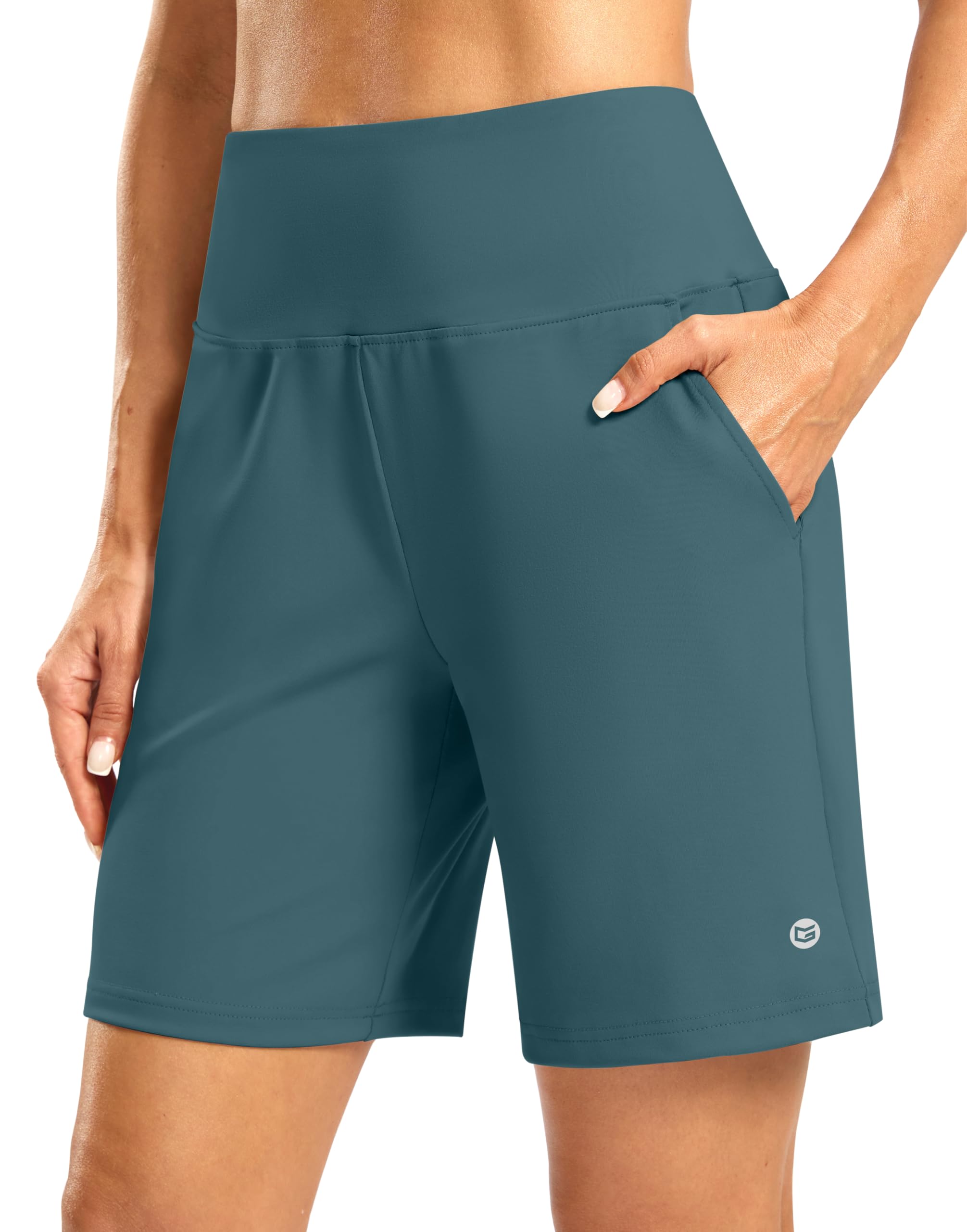 Women's Athletic Shorts with Zipper Pocket 7" High Waisted Stretchy Bermuda Shorts for Women Workout Running Casual