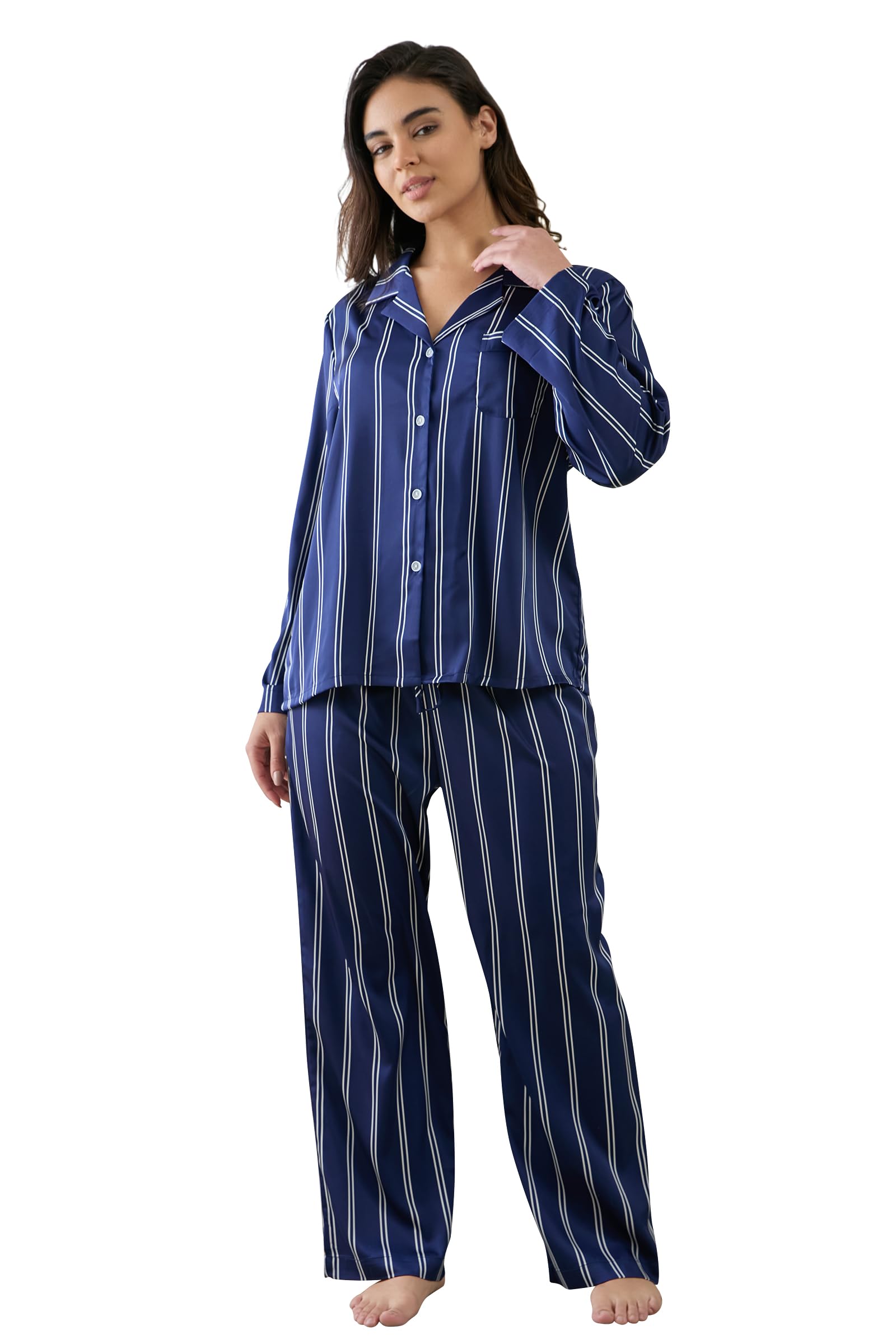 YiNi LuLu Womens Silk Satin Pajamas Set Button Down 2 Piece Pjs Long Sleeve Oversized Sleepwear with Pockets