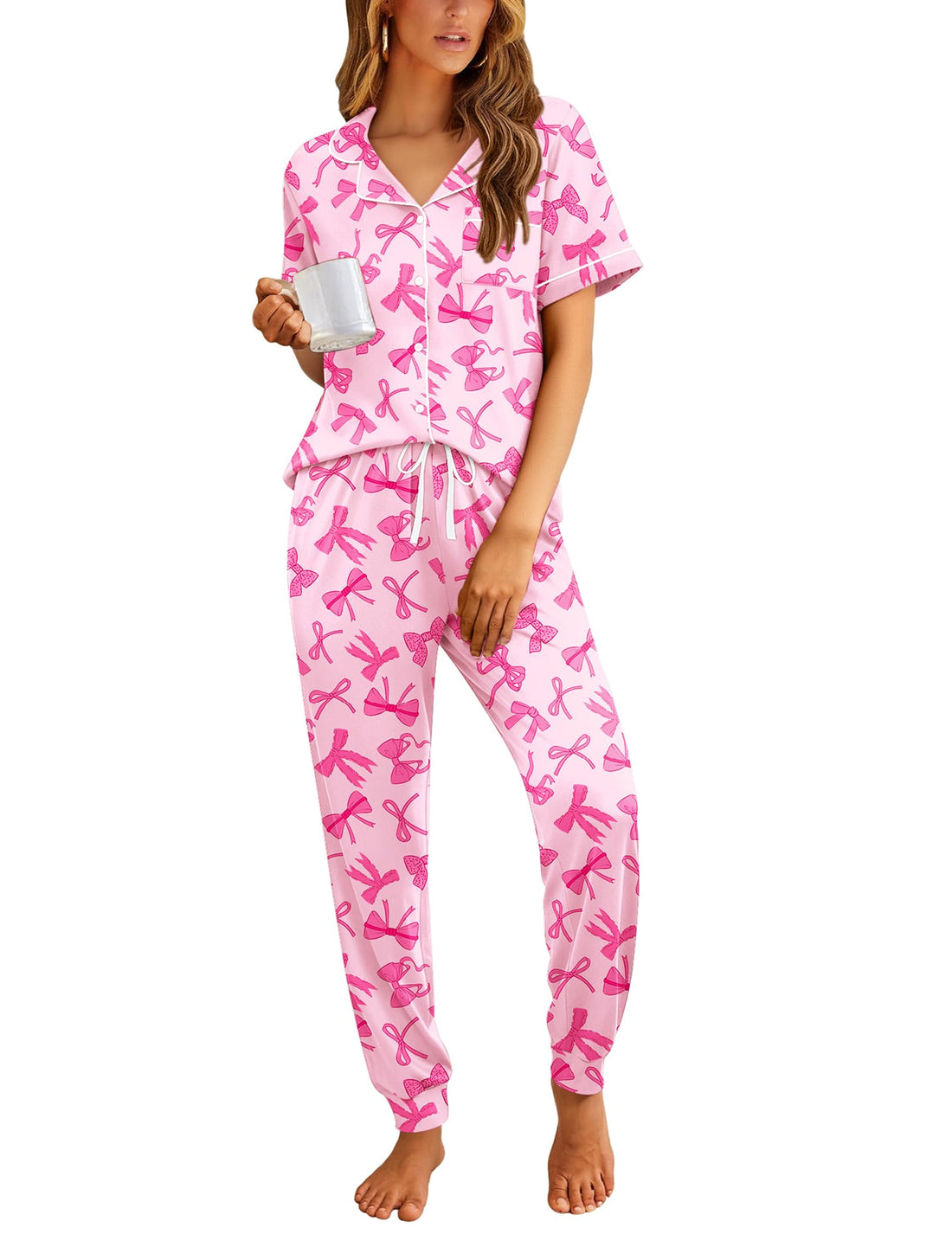 Ekouaer Women Pajama Set Short Sleeve Button Down Pjs with Jogger Pants