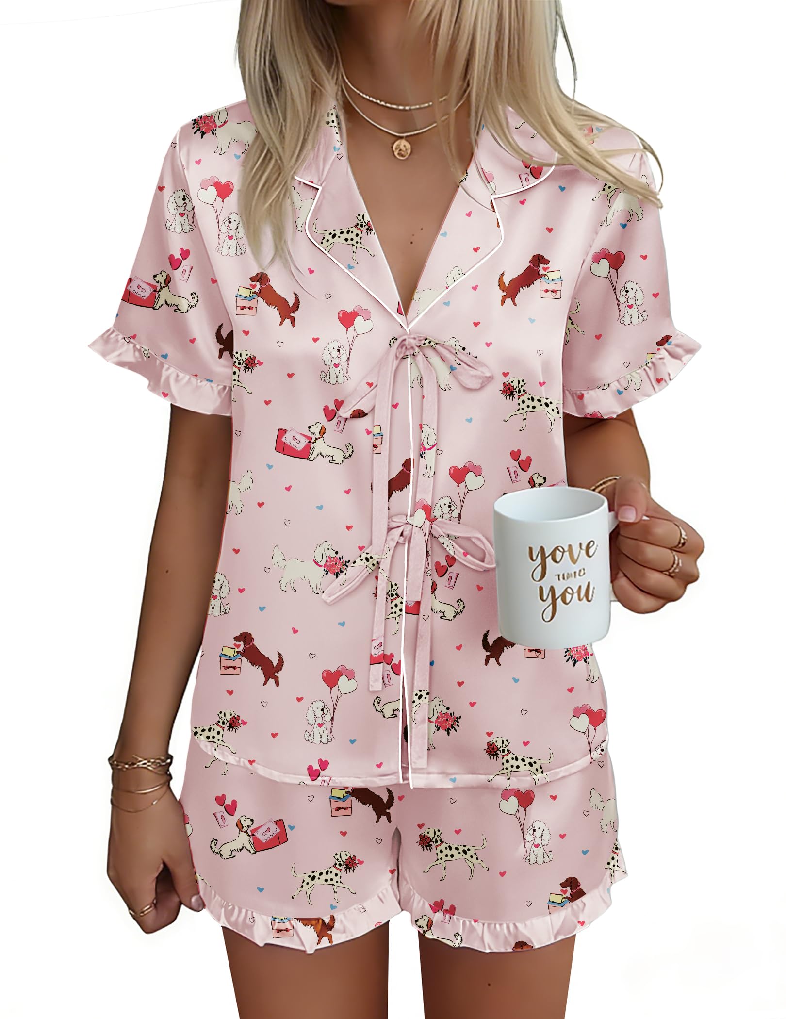 Ekouaer Satin Pajama for Women Short Sleeve Silky Pj Short Sets Lounge Set