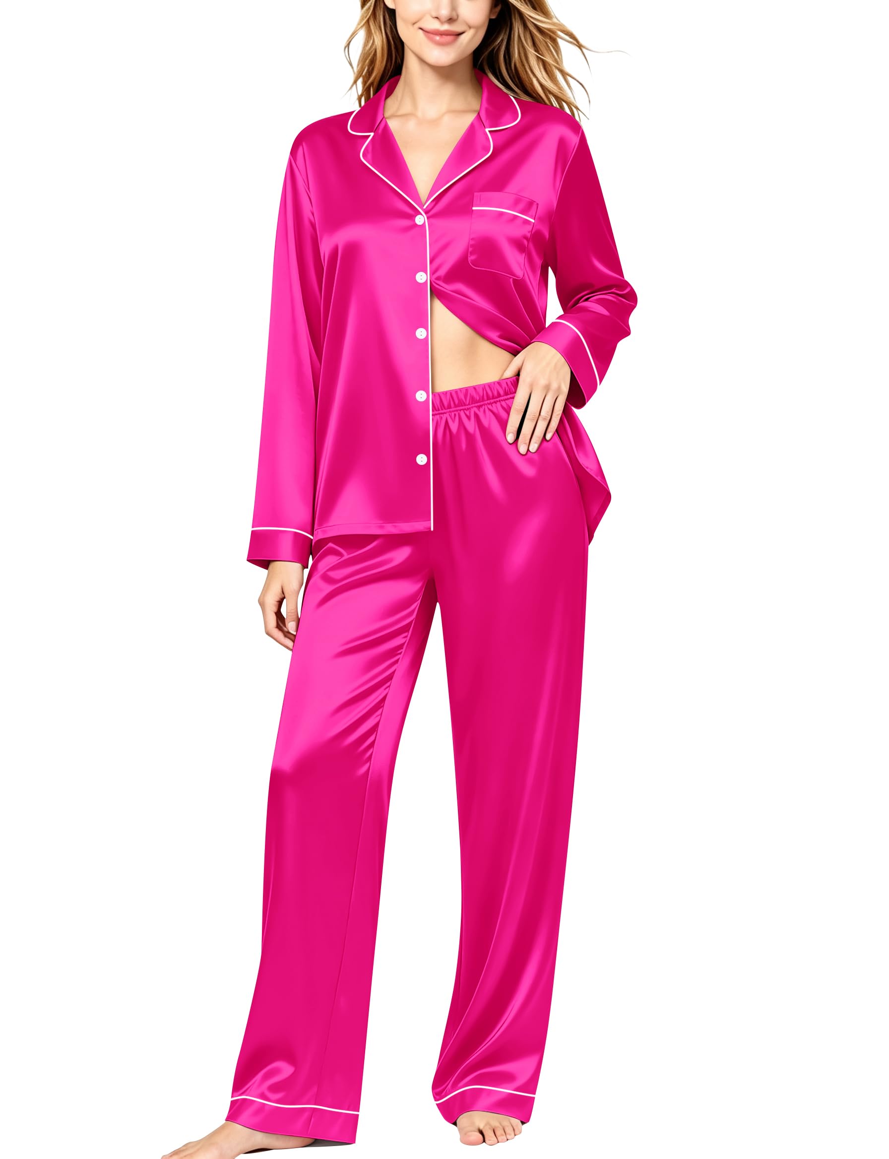 SWOMOG Womens Silk Satin Pajamas Set Long Sleeve Button Down Sleepwear 2 Piece Lounge Set Pj Set XS-3XL