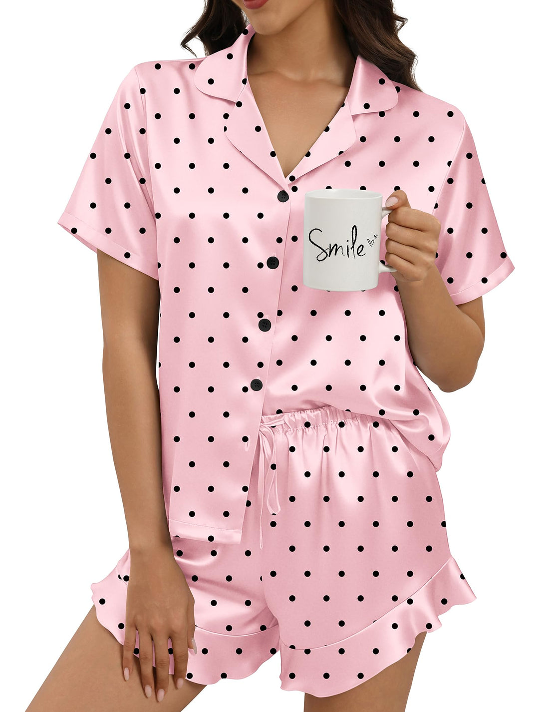 Silk Pajamas for Women Button Down 2 Piece Satin Pjs Shorts Set Ruffle Notch Collar Sleepwear Loungewear