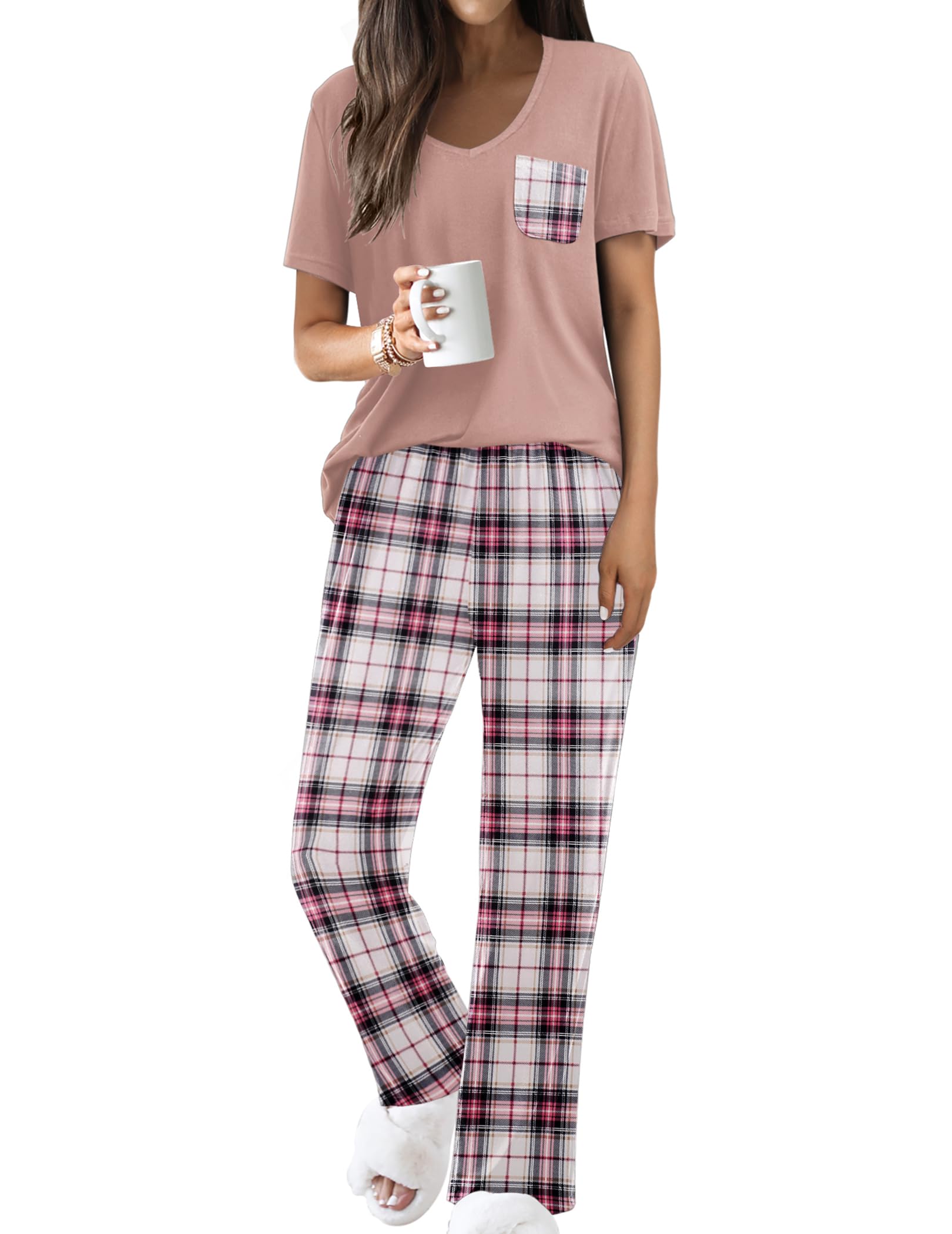 Ekouaer Pajama Sets for Women 2 Piece Short Sleeve Pj V Neck Chest Pocket