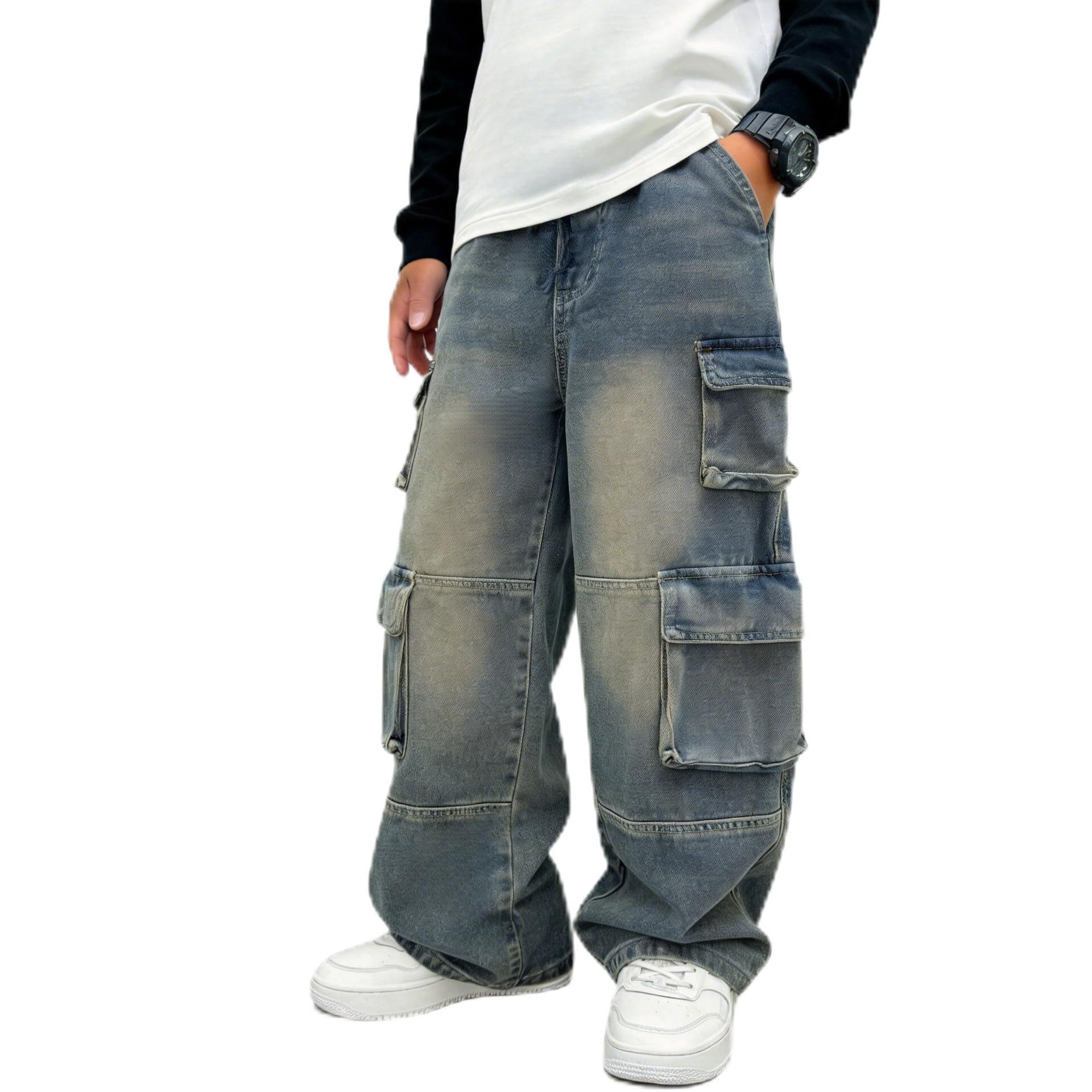 Baggy Jeans for Boys Cargo Jeans, Mid Rise Elastic Waist Multi-Pockets Denim Pants School Streetwear Size 8-12