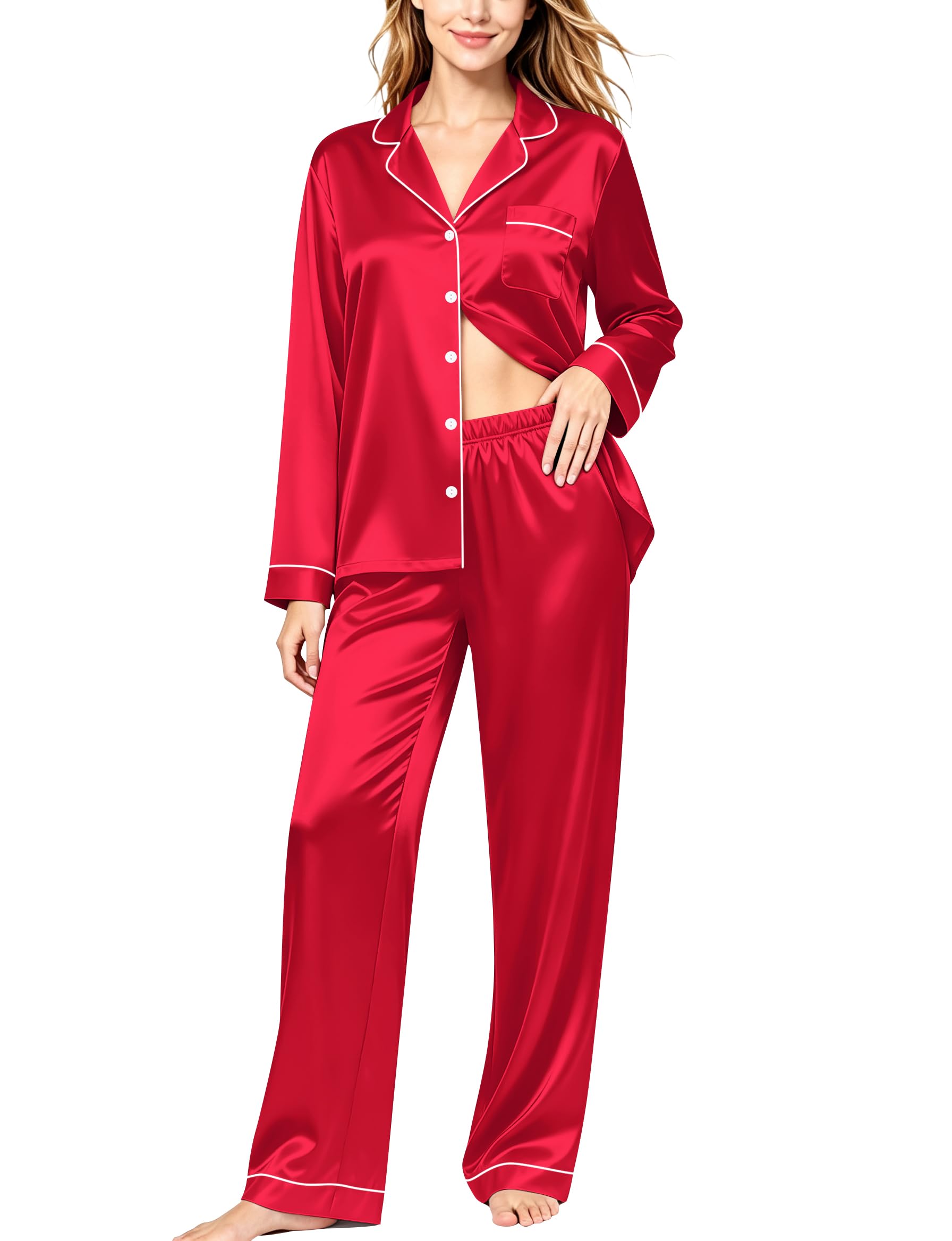SWOMOG Womens Silk Satin Pajamas Set Long Sleeve Button Down Sleepwear 2 Piece Lounge Set Pj Set XS-3XL
