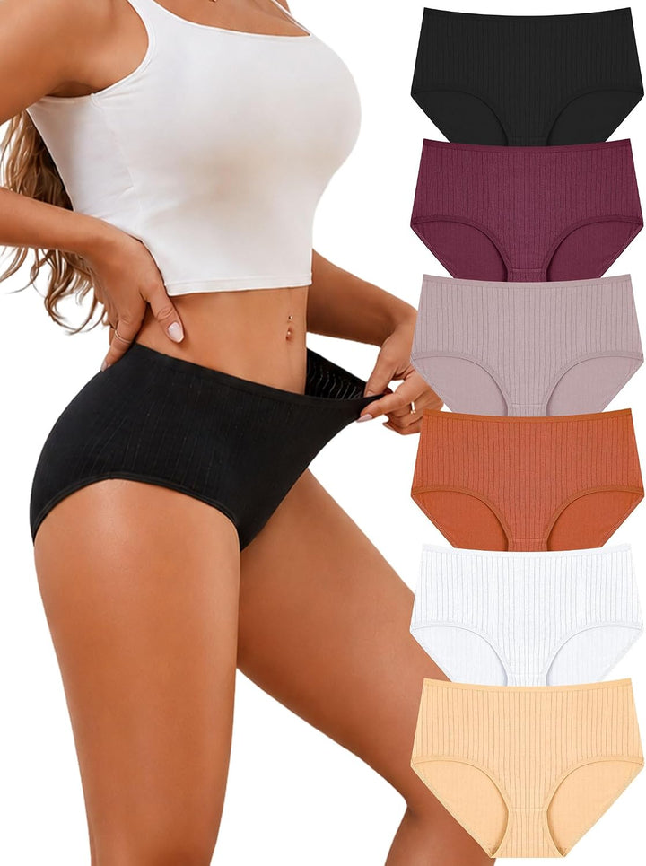 FINETOO Cotton Underwear Women High Waisted Ribbed Breathable Briefs 6 Pack