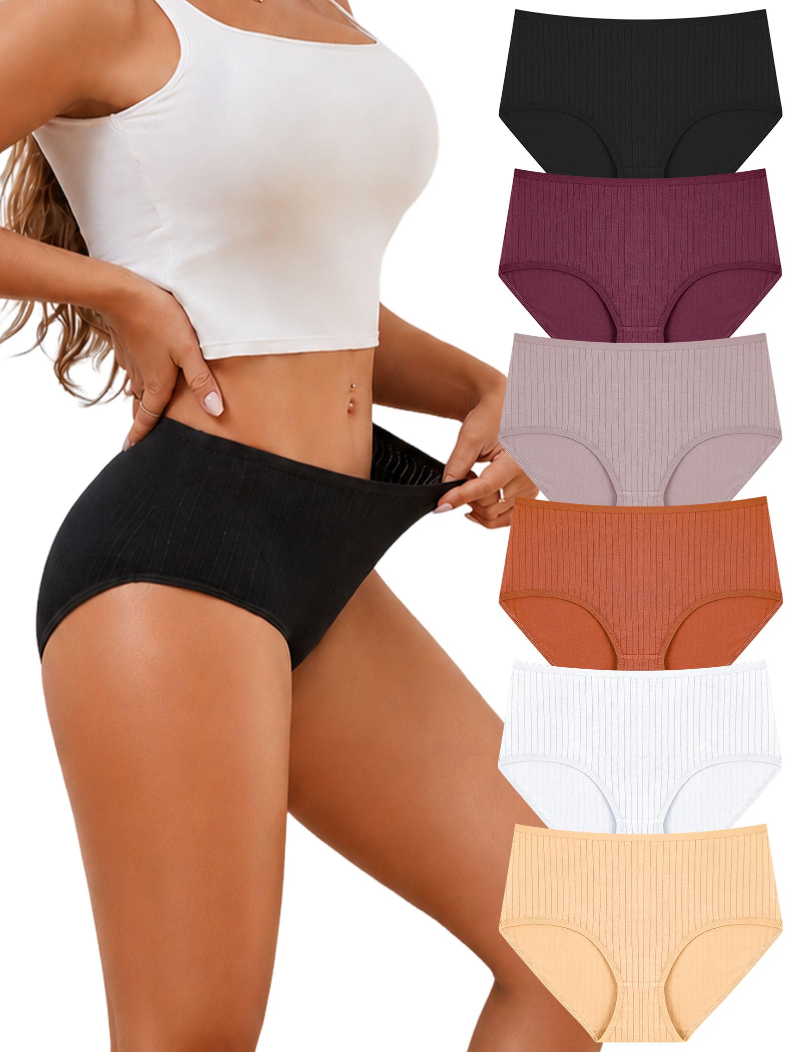 FINETOO Cotton Underwear Women High Waisted Ribbed Breathable Briefs 6 Pack